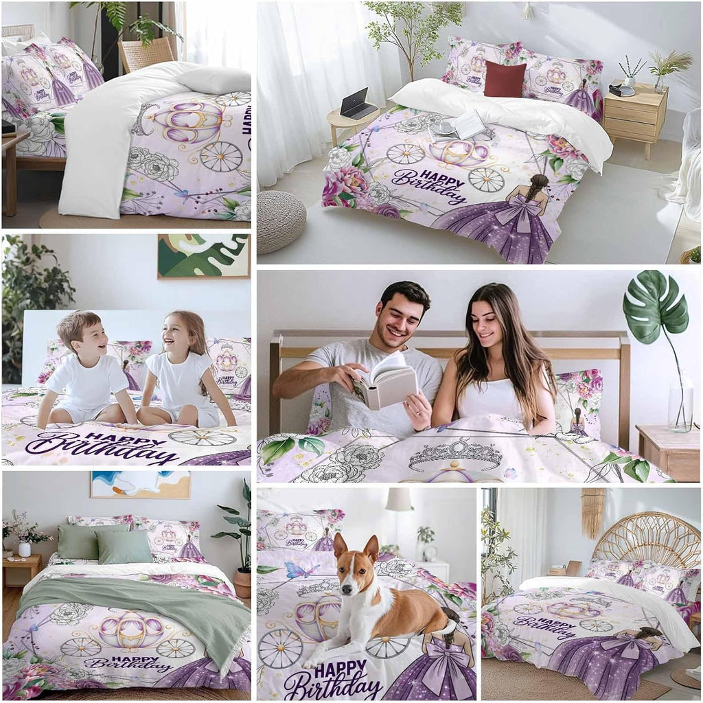 Happy Birthday Duvet Cover Set, Purple Luxury Dress Crown Carriage Flowers Soft Duvet Cover Full Size Bedding Set 4 Pieces, 1 Quiltcover and 2 Pillowcases with Zipper, 1 Bed Sheet for All Seasons