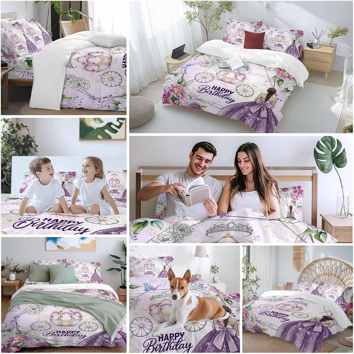 Happy Birthday Duvet Cover Set, Purple Luxury Dress Crown Carriage Flowers Soft Duvet Cover Full Size Bedding Set 4 Pieces, 1 Quiltcover and 2 Pillowcases with Zipper, 1 Bed Sheet for All Seasons