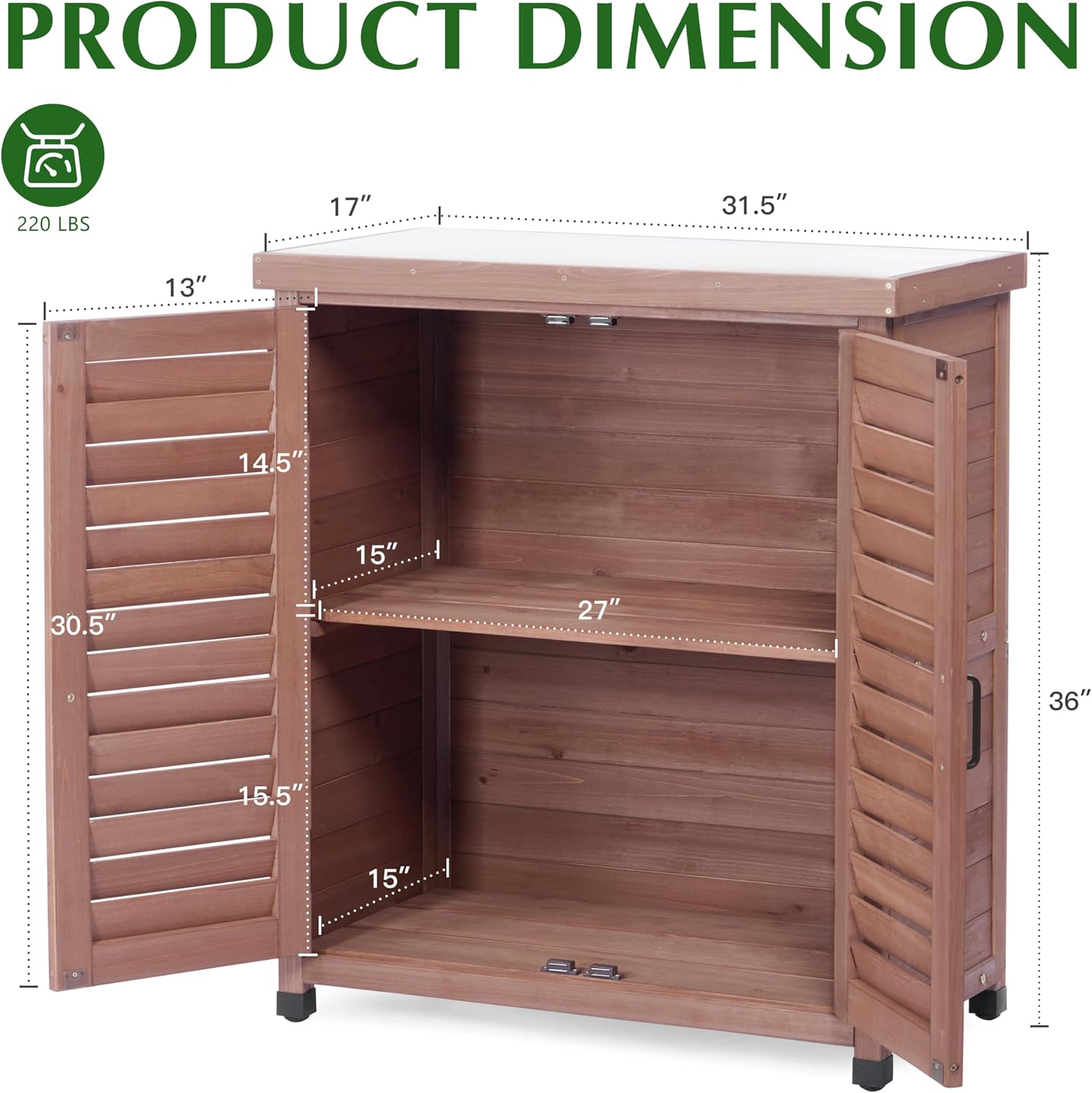 Outdoor Storage Cabinet & Potting Bench Table with Metal Top, Wooden Patio Furniture, Garden Workstation (Dark Brown, 36x31x17in)