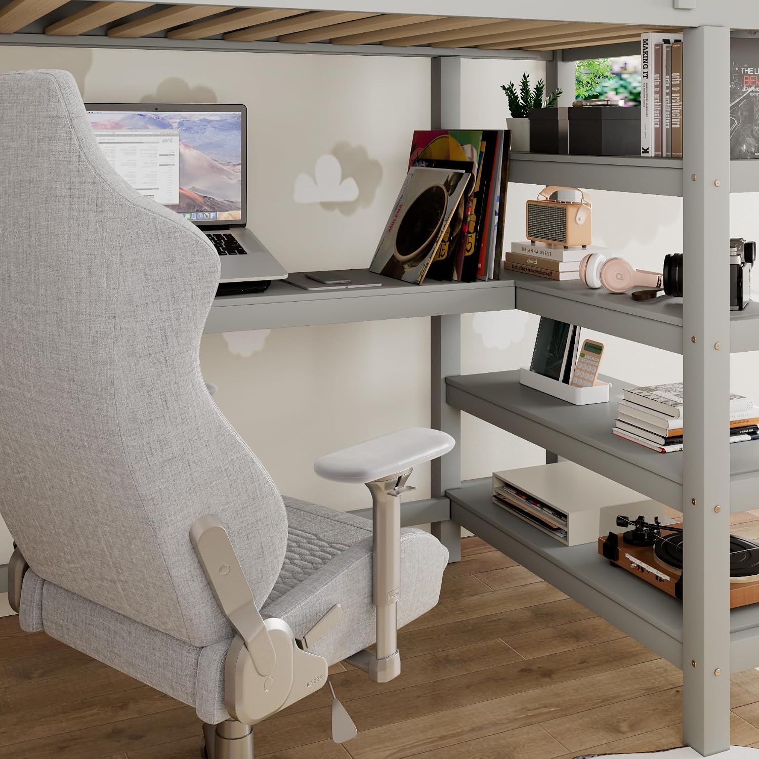 Merax Wood Loft Bed with Desk : Full Size Loft Bed with 4-Storage Shelves and Under Bed Desk Solid Wood Bed, Grey