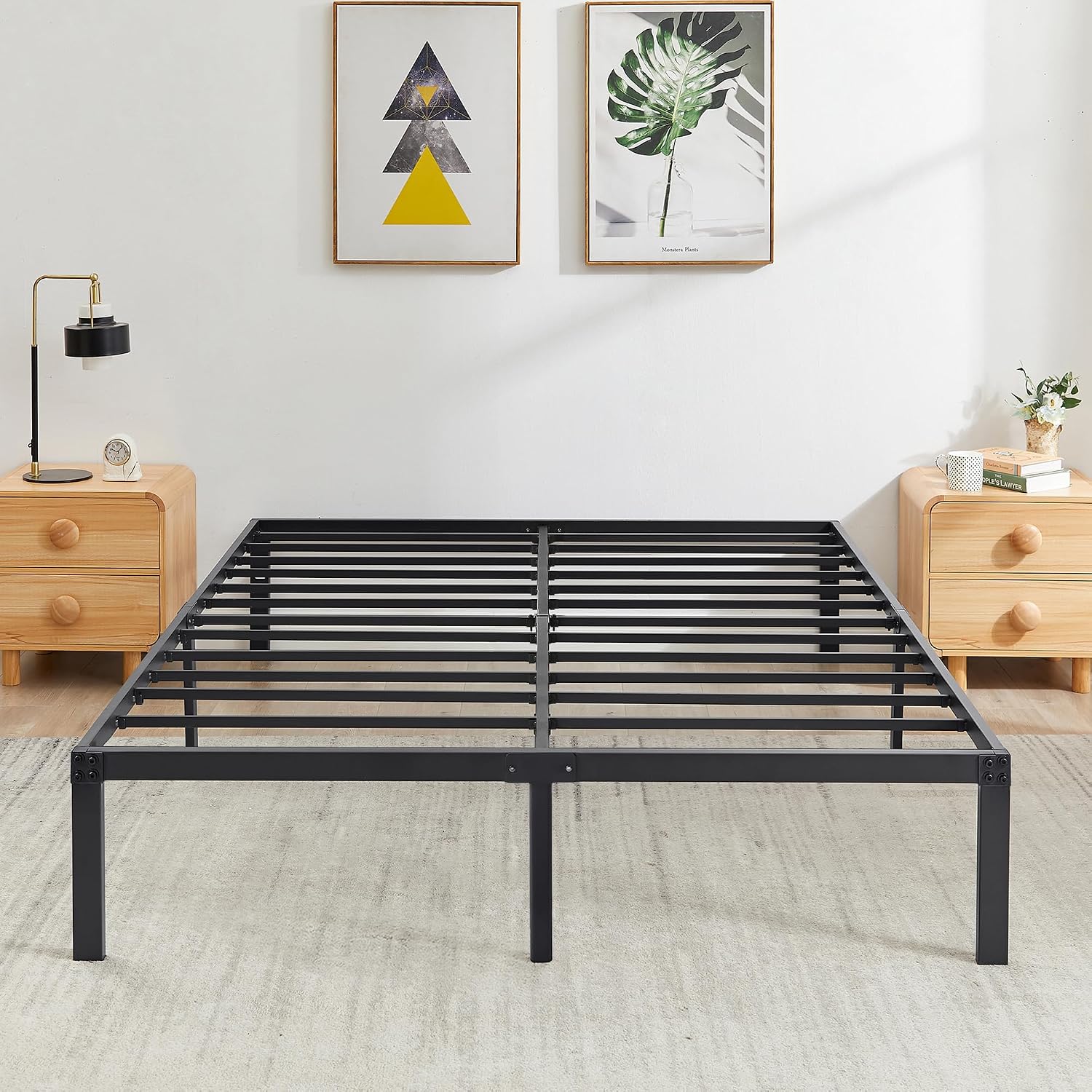VECELO 14 Inch Metal Queen Size Bed Frame,Black Basic Steel Slats Platform, Easy Assembly Heavy Duty Noise Free/No Box Spring Needed,Modern（2 Set）
