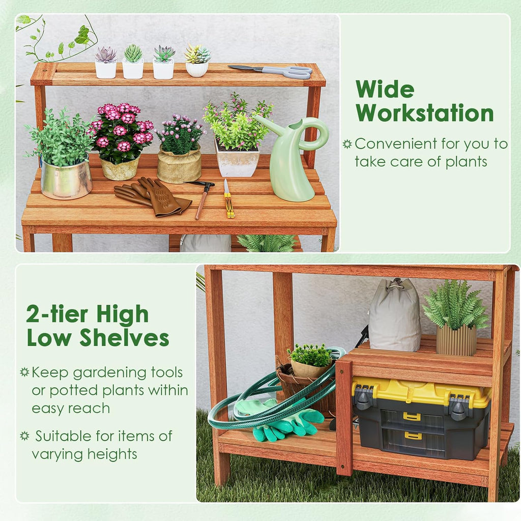 TANGZON Garden Potting Table, Solid Wood Potting Table with Trellis, Open Shelves, Teak Oil Finish, Gardening Workstation & Planting Work Table for Outdoor Patio Backyard Balcony