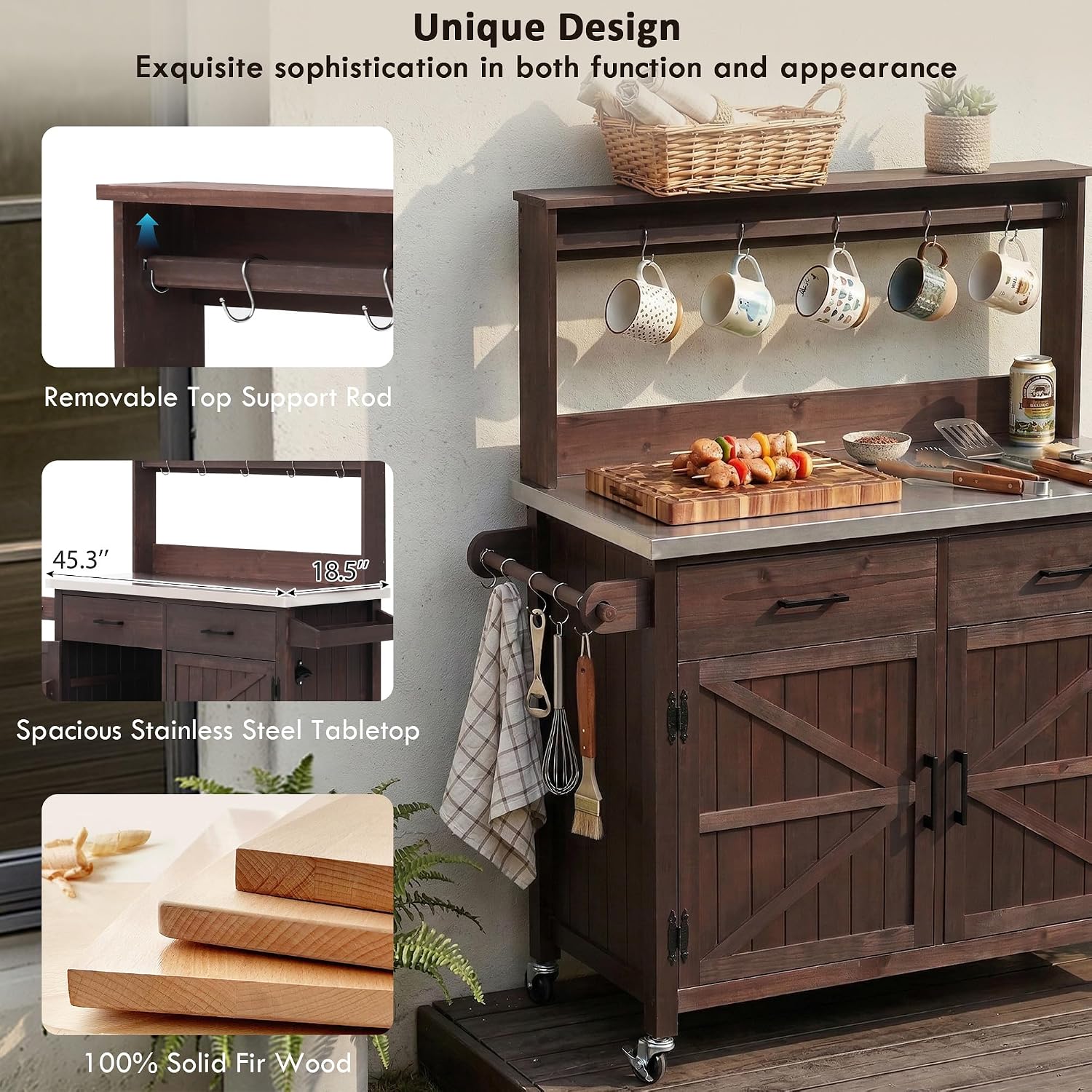 54.1' Outdoor Kitchen Island with High Shelf, Large Potting Bench Table with Stainless Steel Top, Solid Wood Grill Cart with Lockable Wheels for BBQ, Garden (Brown-hs)