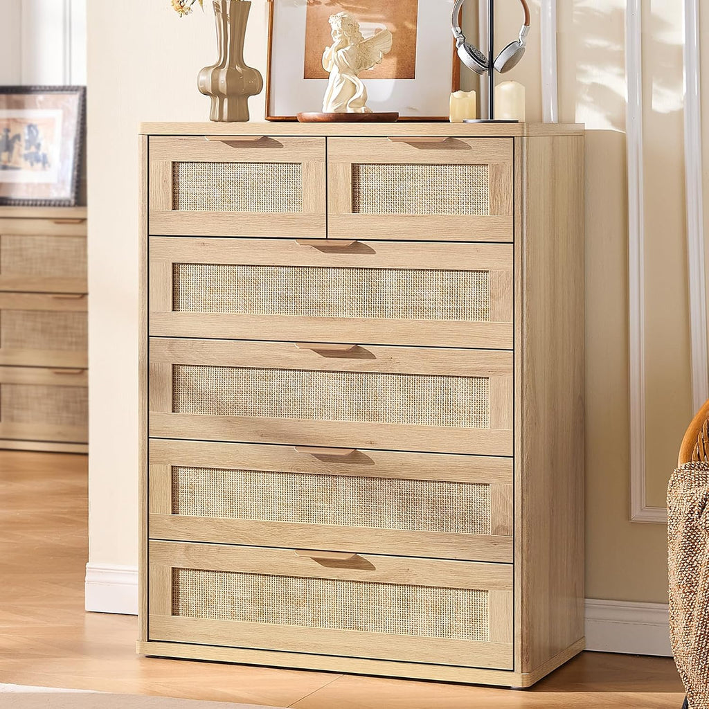 LEYAOYAO Rattan Dresser for Bedroom, 41' Tall Chest of Drawers, Modern 6 Drawers Boho Dressers with Storage, Light Oak Dresser Wooden Closet Organizer for Living Room, Hallway, Natural Wood