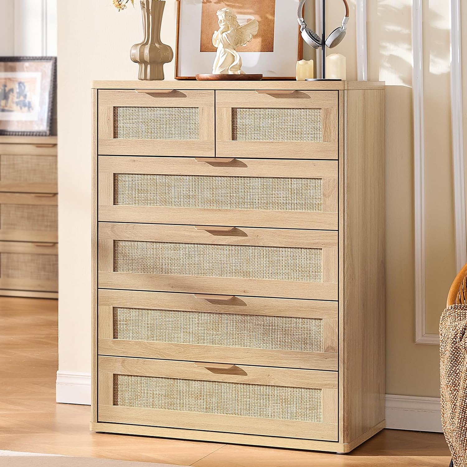 LEYAOYAO Rattan Dresser for Bedroom, 41' Tall Chest of Drawers, Modern 6 Drawers Boho Dressers with Storage, Light Oak Dresser Wooden Closet Organizer for Living Room, Hallway, Natural Wood