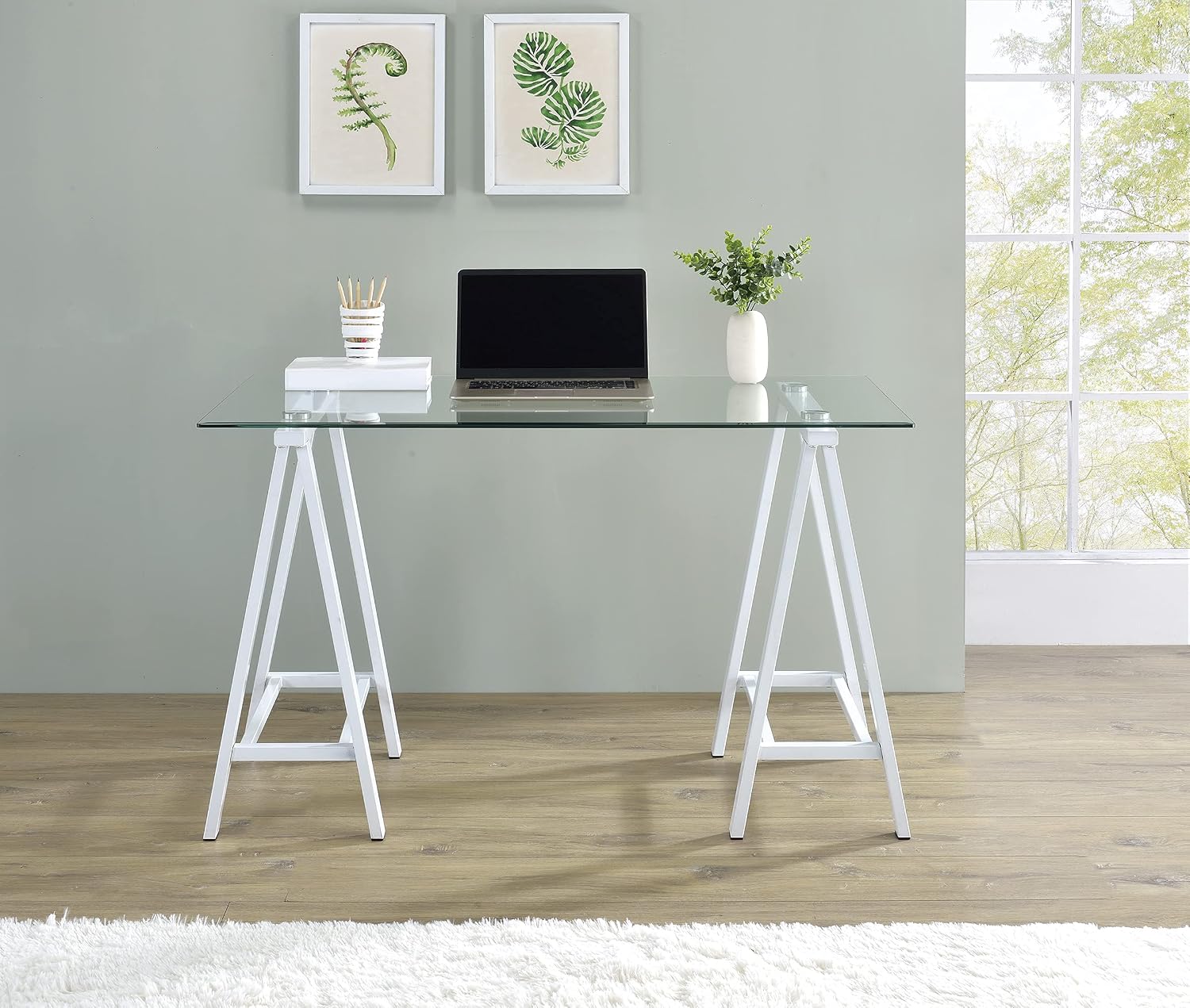 OSP Home Furnishings Middleton 47 Inch Desk with Clear Beveled Glass Top, White Base