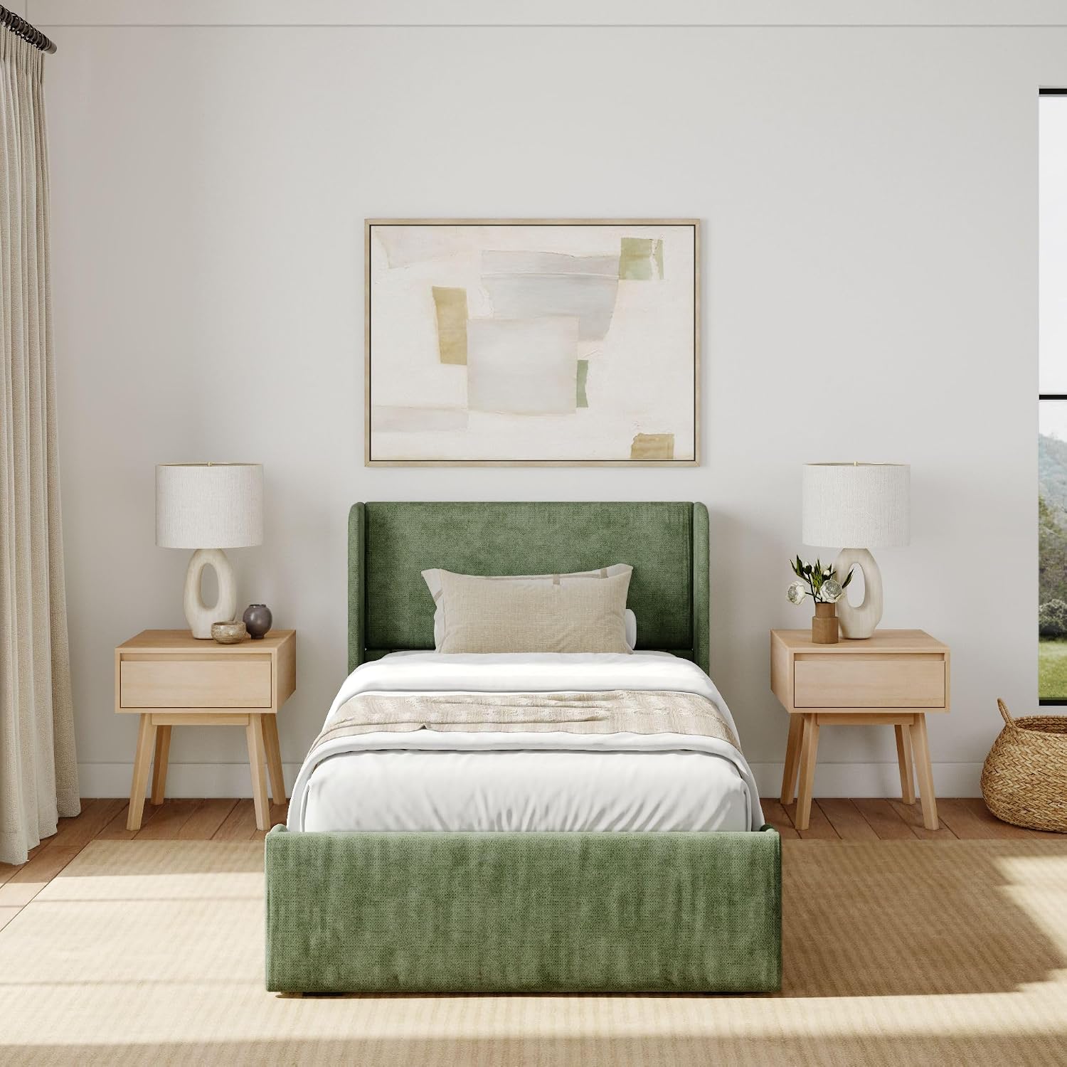 Plank+Beam Upholstered Twin Bed Frame with Rectangular Headboard, Upholstered Platform Bed, No Box Spring Needed, Easy Assembly, Green