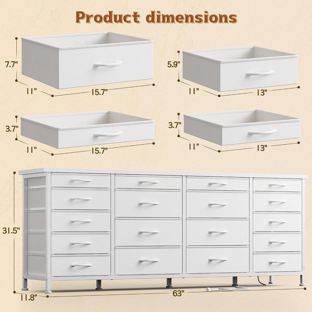 63'W TV Stand for Bedroom with LED Light & Power Outlets, Long White Dresser for Bedroom with 18 Deep Drawers for 65 70 75 inch TV, Fabric Dresser TV Stands for Living Room Entryway Hallway Closet