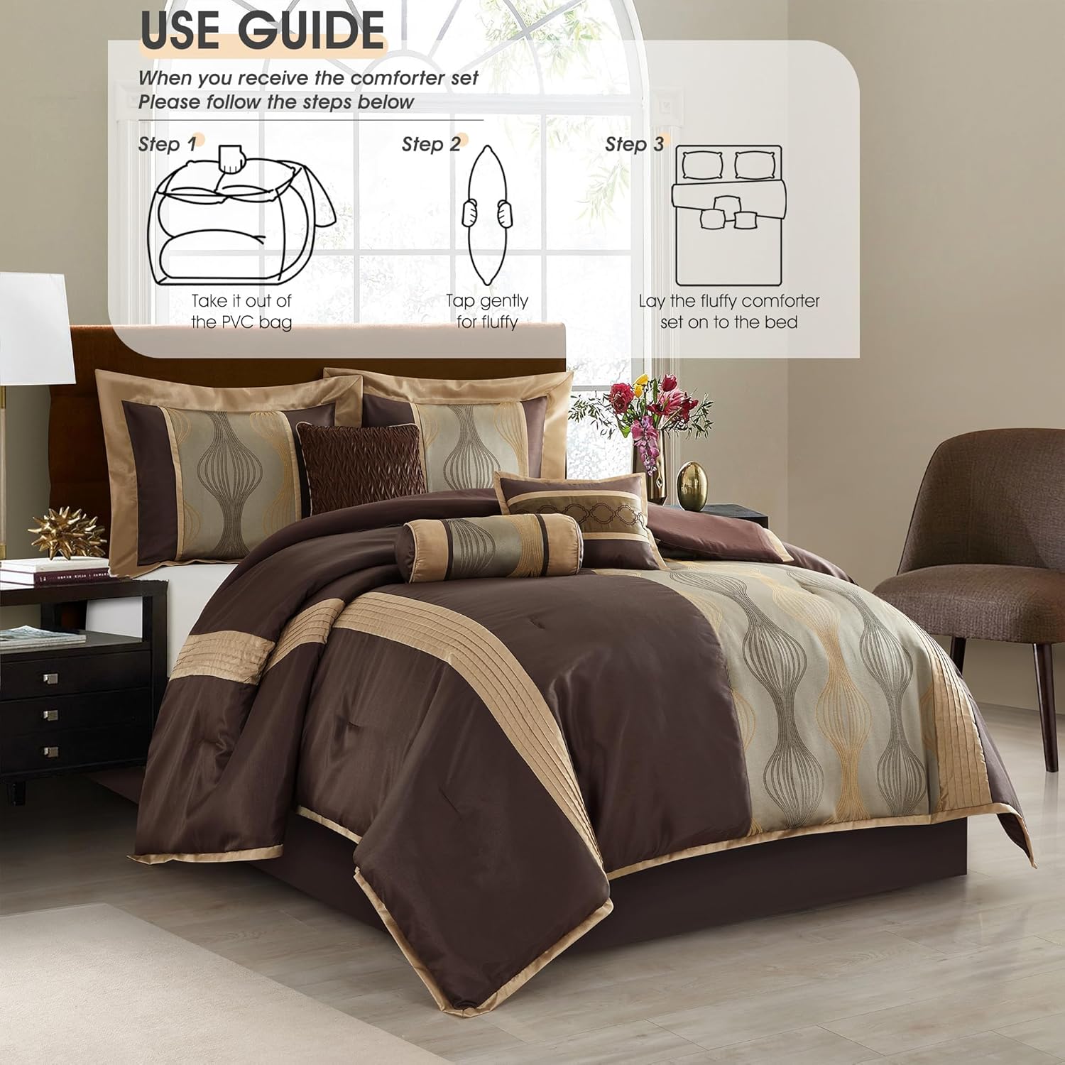 LANCO MODERN LIFESTYLE California King Comforter Set, Brown, 7 Pieces Bed in a Bag, Soft Jacquard with Solid Piecework, Luxury Bed Set with Comforters, Bed Skirt, Pillow Shams and Decorative Pillows