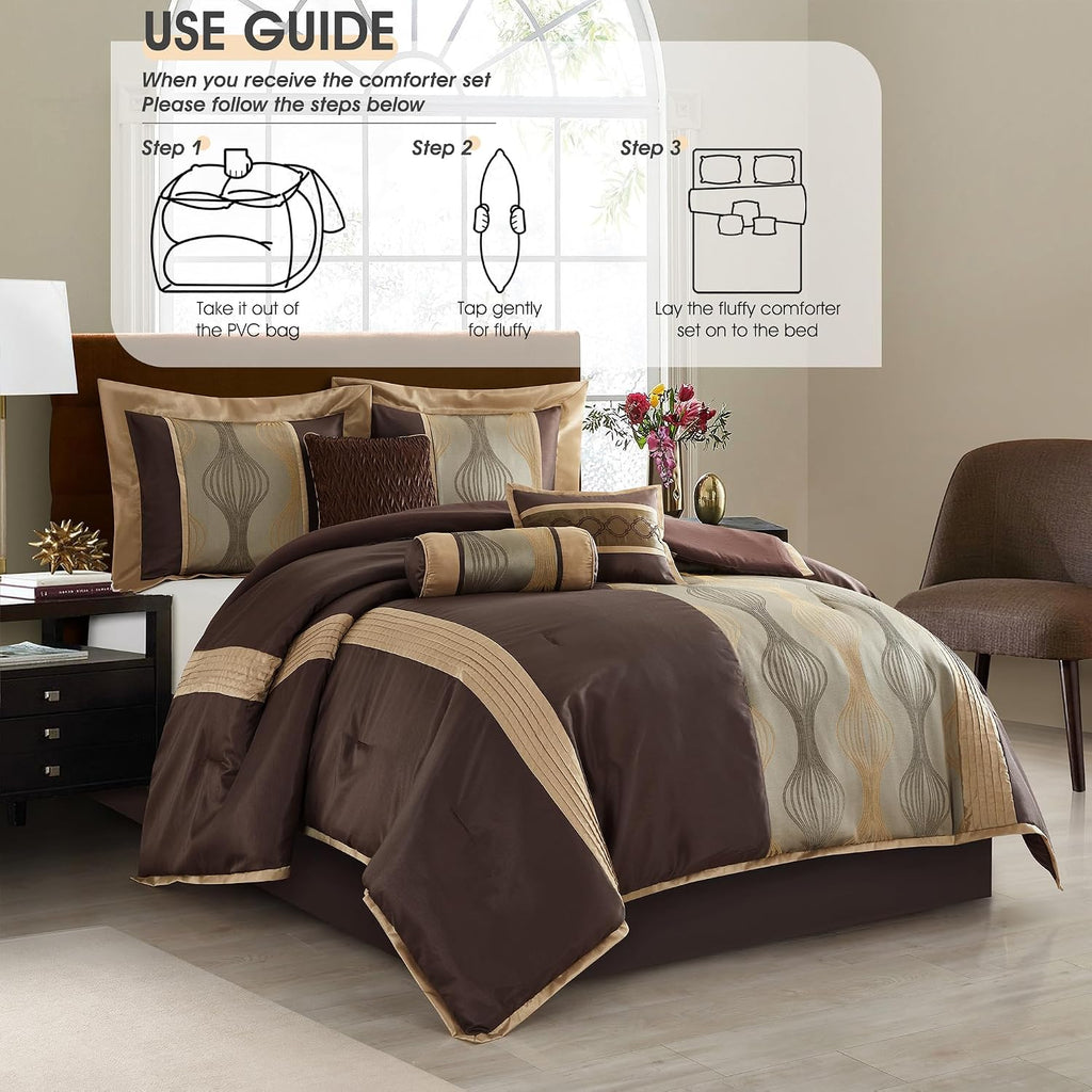 LANCO MODERN LIFESTYLE Queen Comforter Set, Brown, 7 Pieces Bed in a Bag, Ultra Soft Jacquard with Solid Piecework, Luxury Bed Set with Comforters, Bed Skirt, Pillow Shams and Decorative Pillows