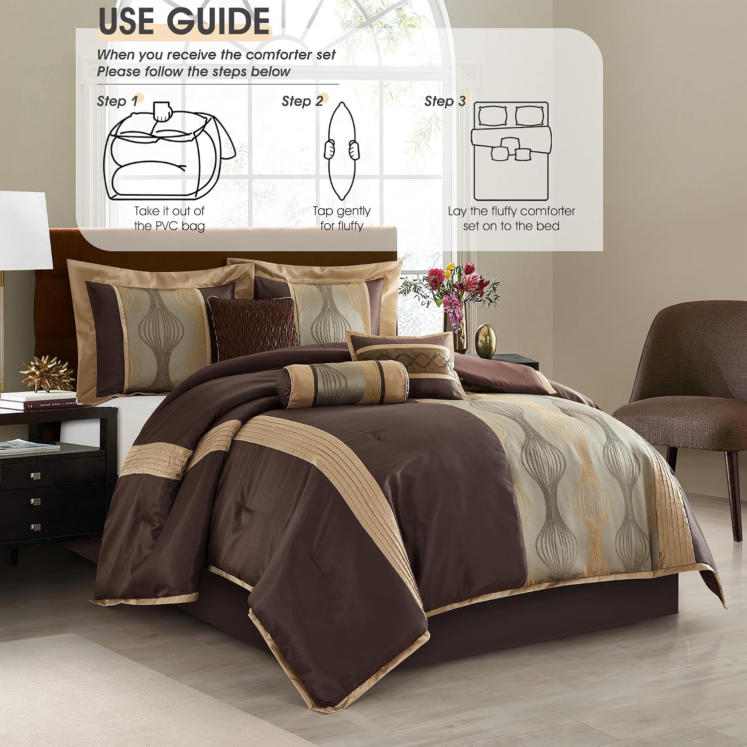 LANCO MODERN LIFESTYLE Queen Comforter Set, Brown, 7 Pieces Bed in a Bag, Ultra Soft Jacquard with Solid Piecework, Luxury Bed Set with Comforters, Bed Skirt, Pillow Shams and Decorative Pillows