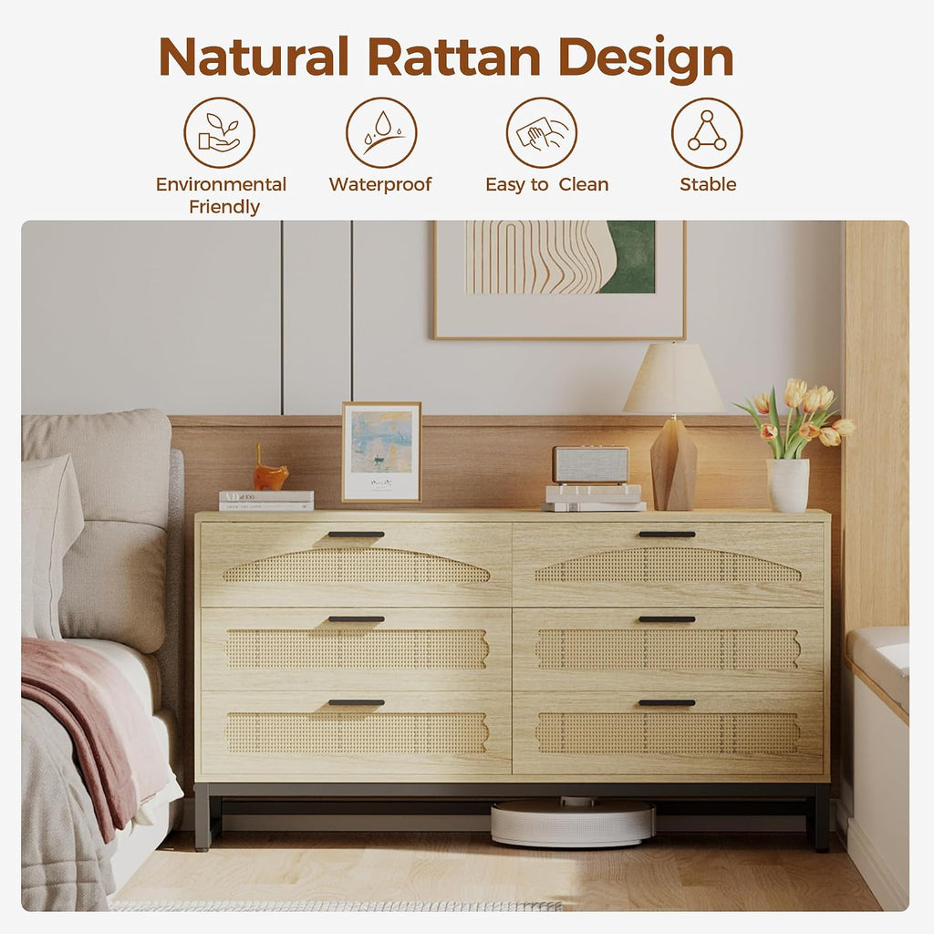 Mericonia 6 Drawer Double Dresser for Bedroom, Rattan Chest of Drawers, Modern Wooden Dresser Chest with Metal Frame for Bedroom, Living Room, Hallway and Entryway, Oak