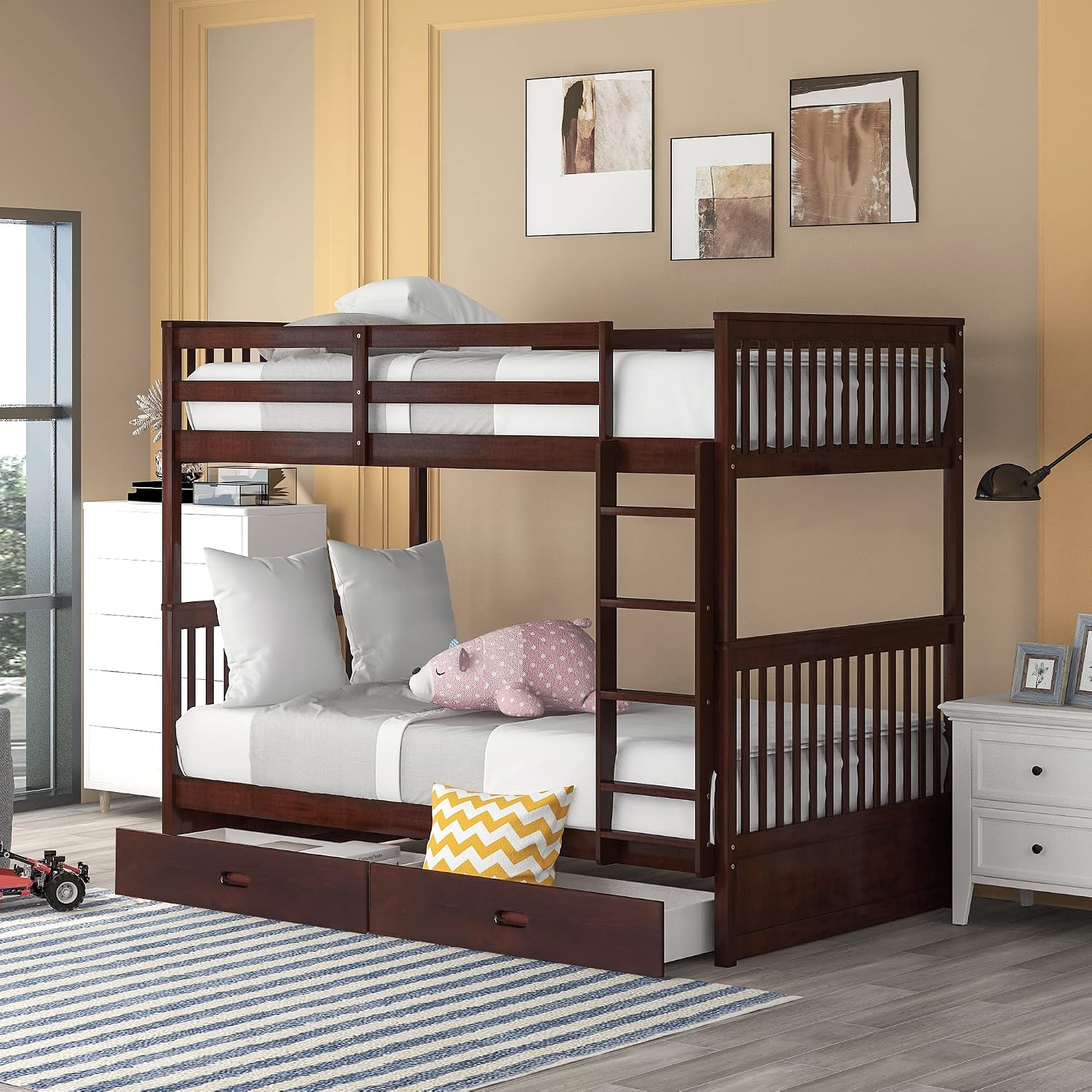 Merax Twin-Over-Twin Bunk Bed with Two Storage Drawers, Solid Wood Twin Size Bunk Bed with Guardrial and Removble Ladder, Can be Converted Into 2 Separate Beds, Espresso