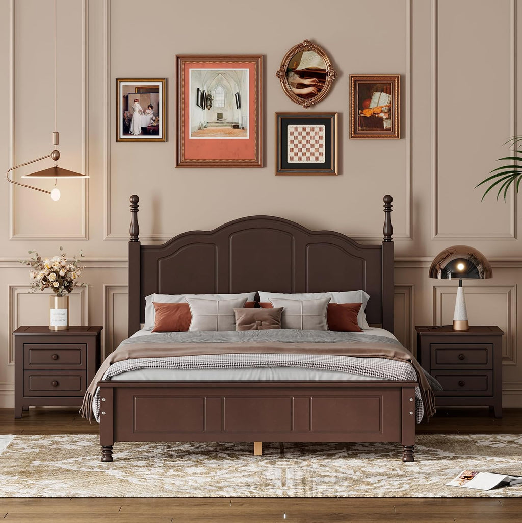 Merax 3-Pieces Bedroom Sets, Full Size Retro Style Wood Bed Frame with Two Nightstands and high Headboard for Bedroom, Wood Slat Support, No Box Spring Needed, Easy Assembly (Dark Walnut)
