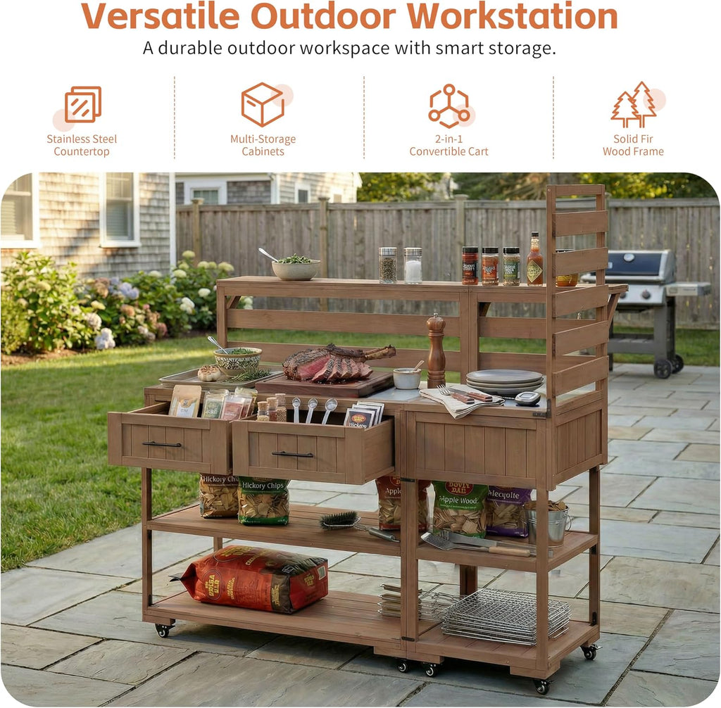 62.3'' Patio Kitchen Island Cart with Stainless Table Top,Solid Wood Garden Potting Bench with Raised Shelf and Drawers, Grill Prep Table for BBQ, Party (Brown-PK)