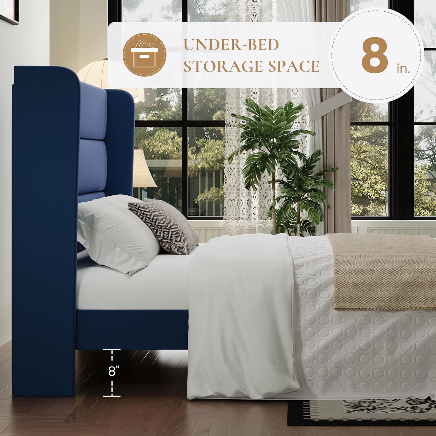 SHA CERLIN Full Size Velvet Bed Frame with Wingback Headboard/Upholstered Platform Bed with Wooden Slats/Mattress Foundation/No Box Spring Needed/Easy Assembly/Blue