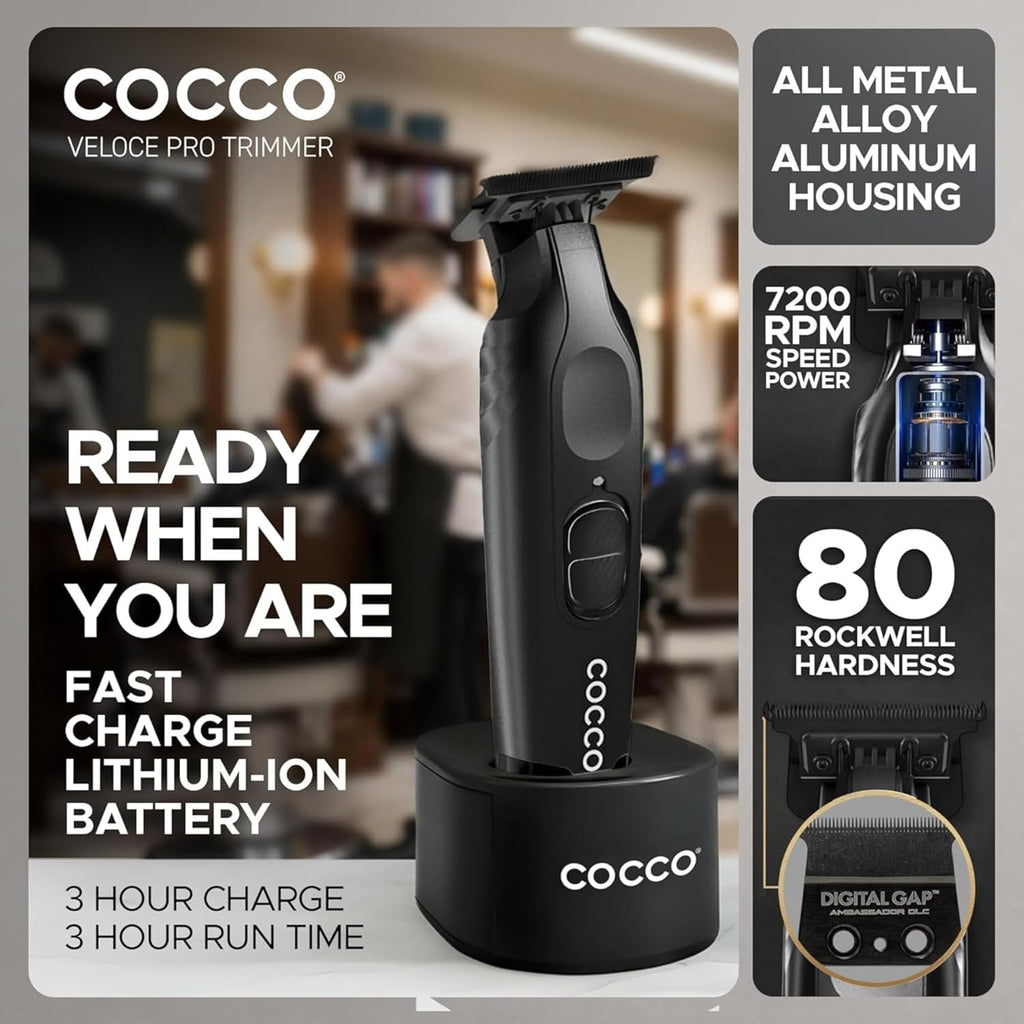 Cocco Veloce Pro Trimmer, Digital Gap Ambassador DLC Blade Edger | High-Torque Brushless BLDC Motor, Cordless, All-Metal Design, Lithium-Ion Battery, Charging Base Included
