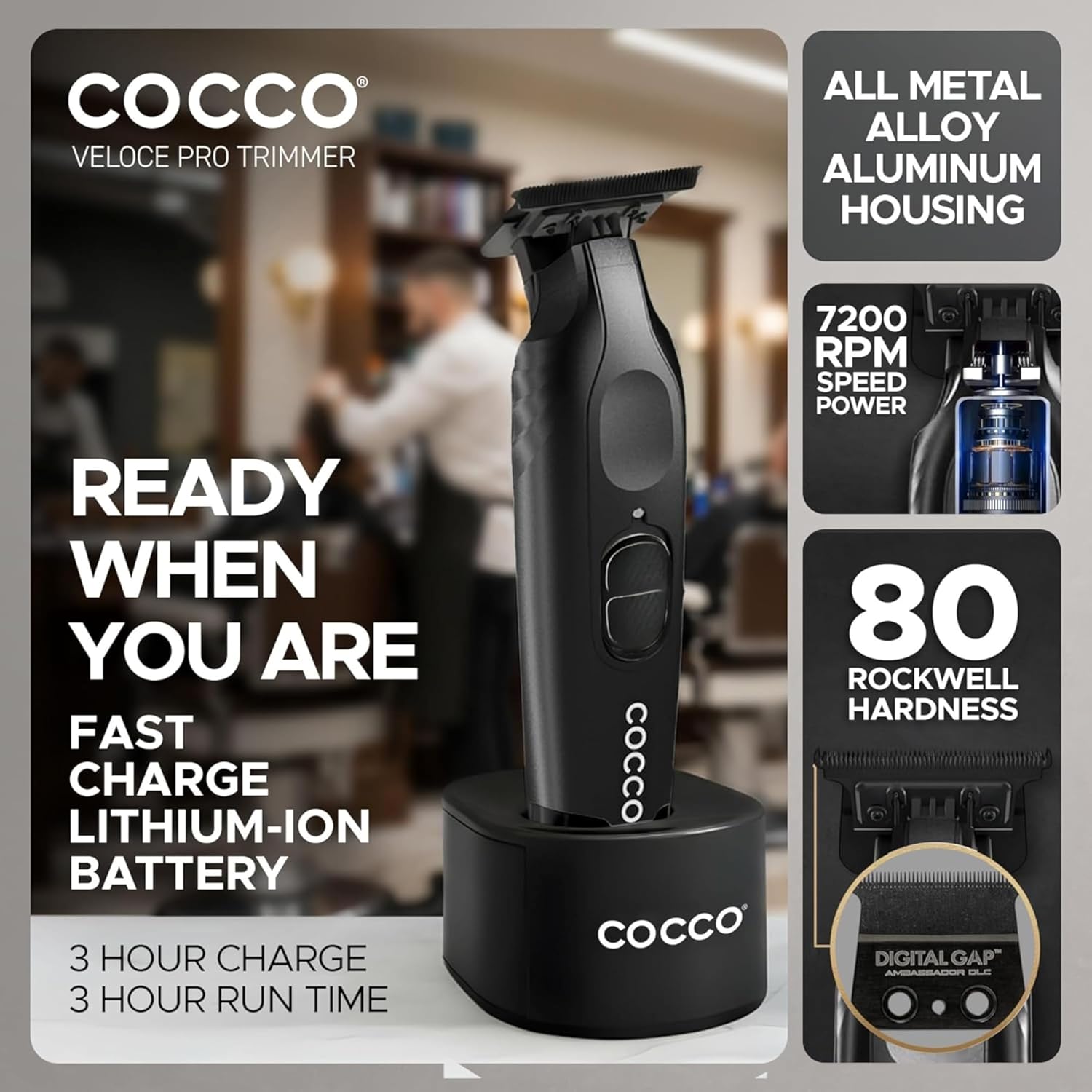 Cocco Veloce Pro Trimmer, Digital Gap Ambassador DLC Blade Edger | High-Torque Brushless BLDC Motor, Cordless, All-Metal Design, Lithium-Ion Battery, Charging Base Included