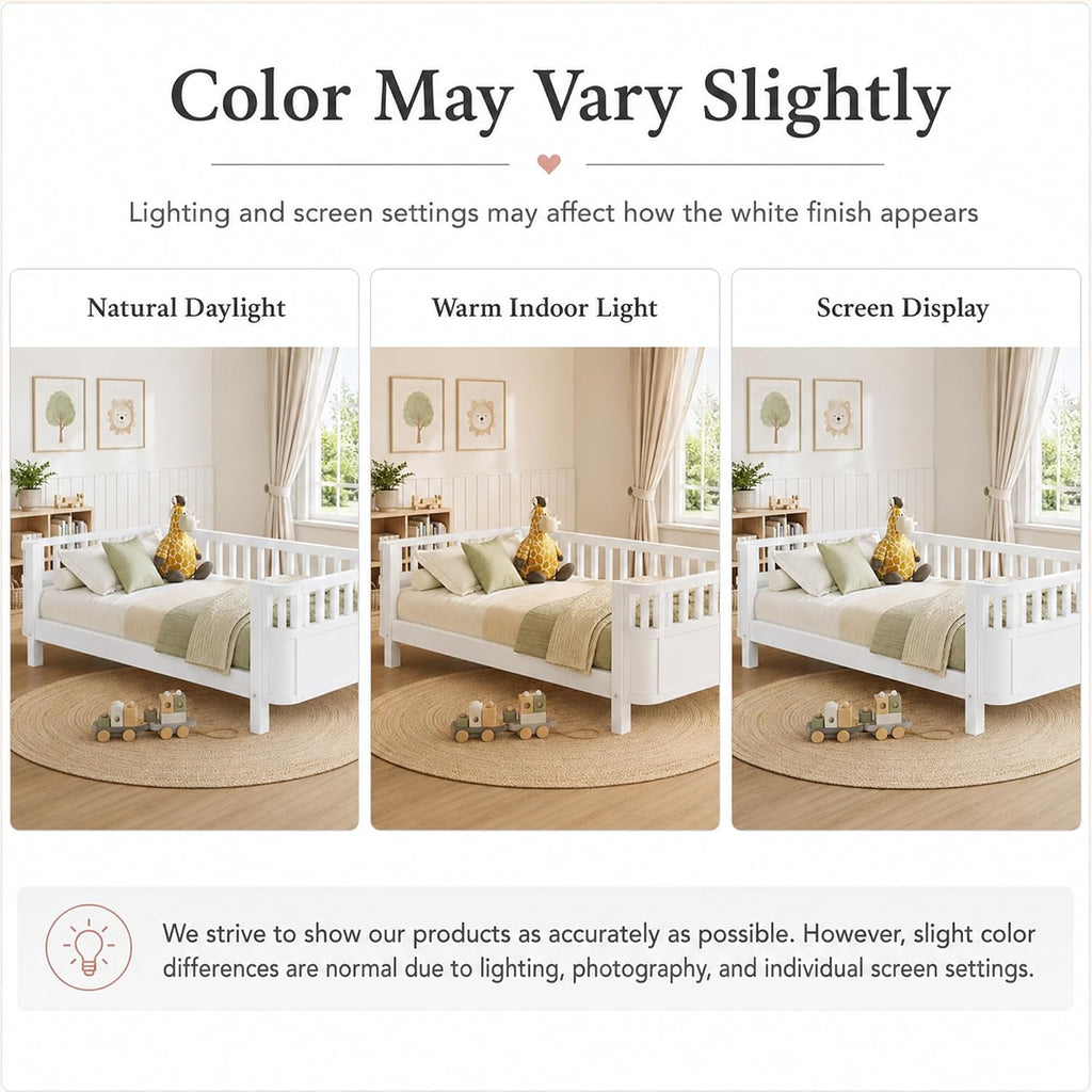Twin Size Kids Bed Frame, Low Profile Montessori Twin Bed with Rails, Wood Daybed for Girls & Boys, No Spring Box Required, No Squeaks, White
