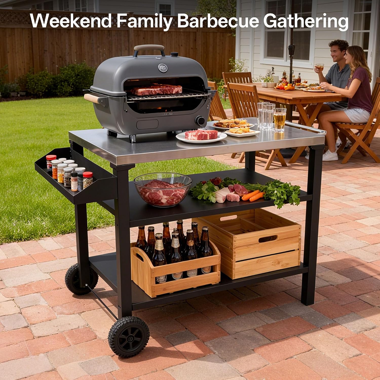 CubisVeta Stainless Steel Kitchen Workstation with Shelf & Wheels, Multipurpose Prep Table for Outdoor Cooking, BBQ, Patio & Indoor Kitchen, Heavy-Duty & Easy to Clean (34.7+Storage Basket)