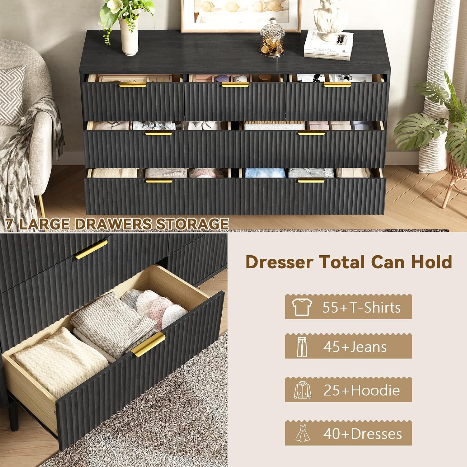 CARPETNAL Fluted 7 Drawer Dresser for Bedroom, 55' Wide Wooden Chest of Drawers with Rounded Corners, Gold Handles, Modern Storage Organizer for Bedroom, Hallway(Black)