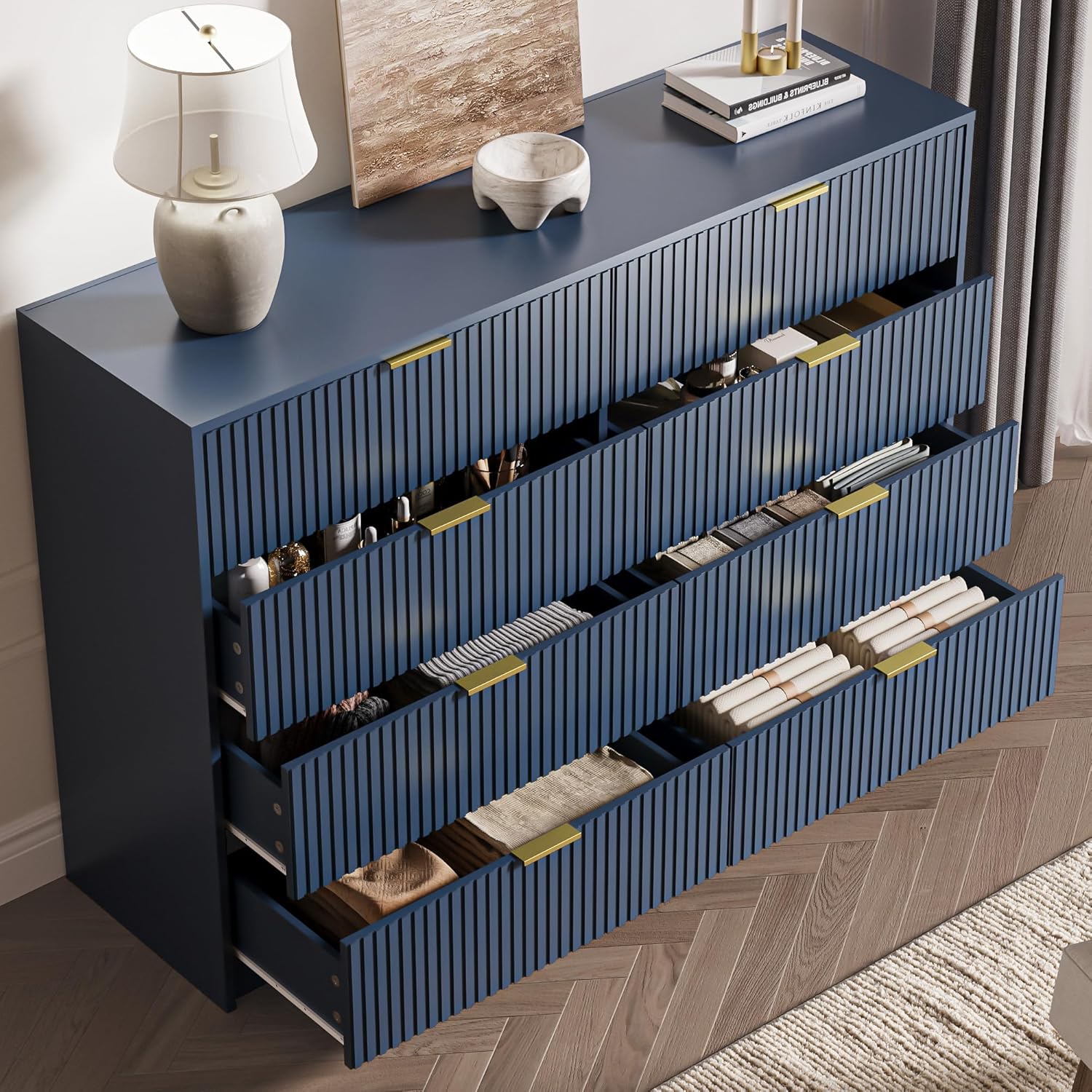 MAISONARIA Navy Dresser for Bedroom, 8 Drawer Double Dresser, Modern Chest of Drawers for Bedroom, Living Room, Entryway and Closet, 55' L x 15.7' D x 37.4' H