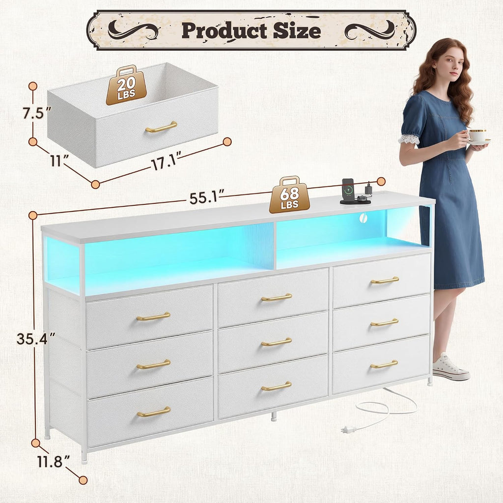 Romorgniz 55' W White Dresser for Bedroom with 9 Drawers LED TV Stand with Power Outlets for 45, 55, 65 Inch TV Sturdy Long Chest of Drawers with Extra 2 Wooden Shelves Steel Frame