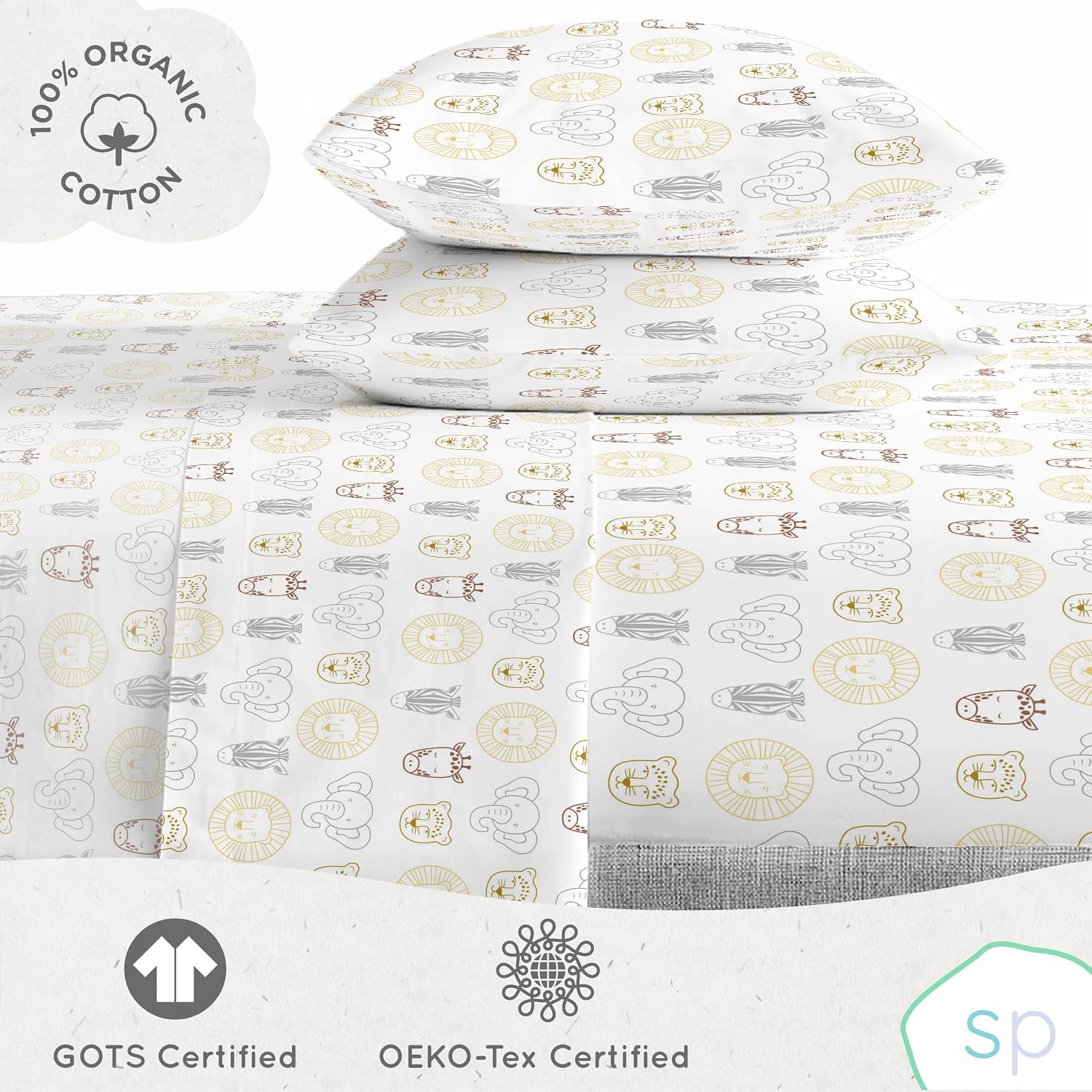 Saturday Park Safari Friends Queen Bed Set - 7 Piece 100% Organic Cotton Animals Bedding - GOTS & Oeko-TEX Certified