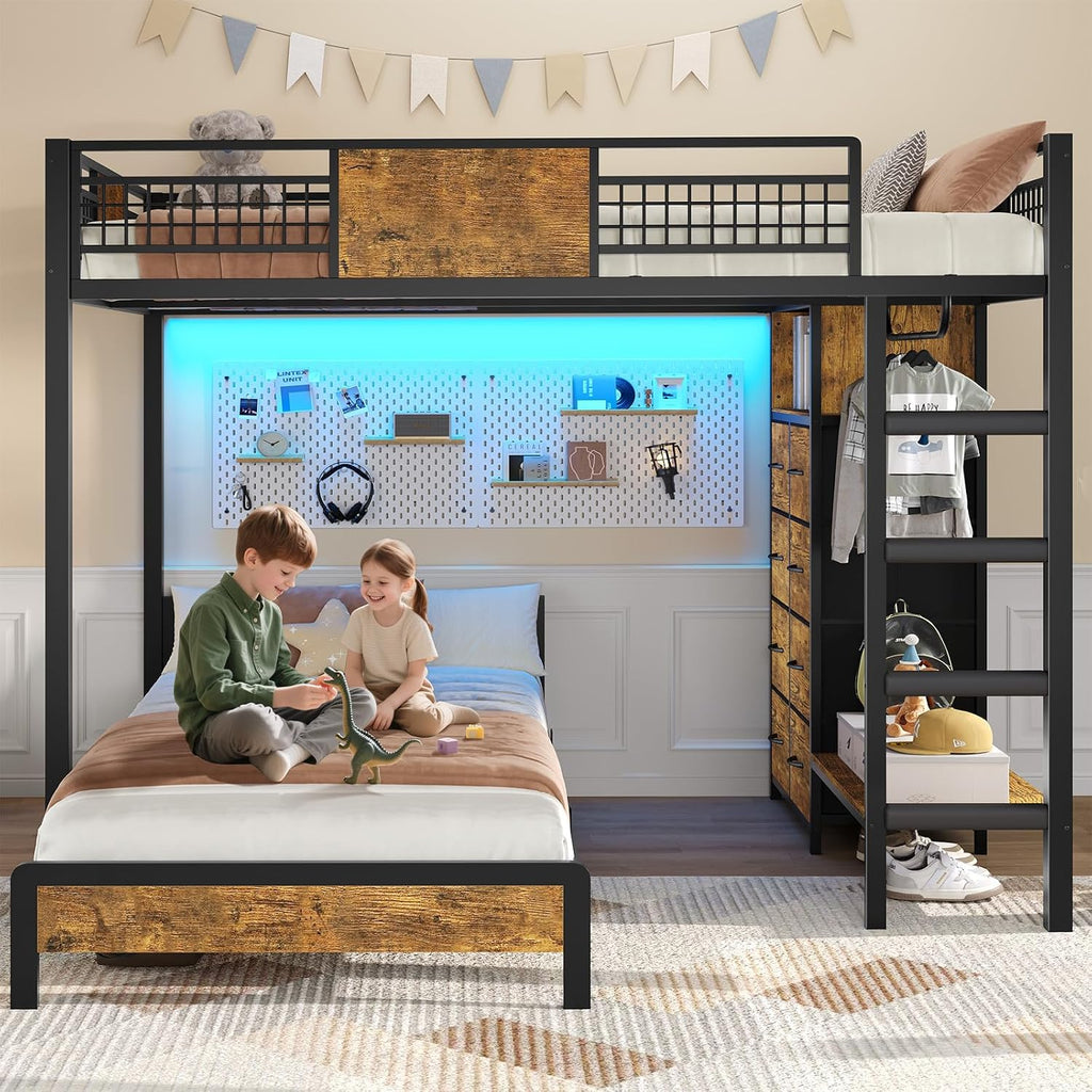 ADORNEVE Full Over Twin Bunk Bed with 8 Storage Drawers, Metal Loft Bed with Led Lights & Storage Shelves, Bunk Beds Twin over Full Size with 13.4' H Safety Guardrail & Ladder, for Kids & Teens, Black