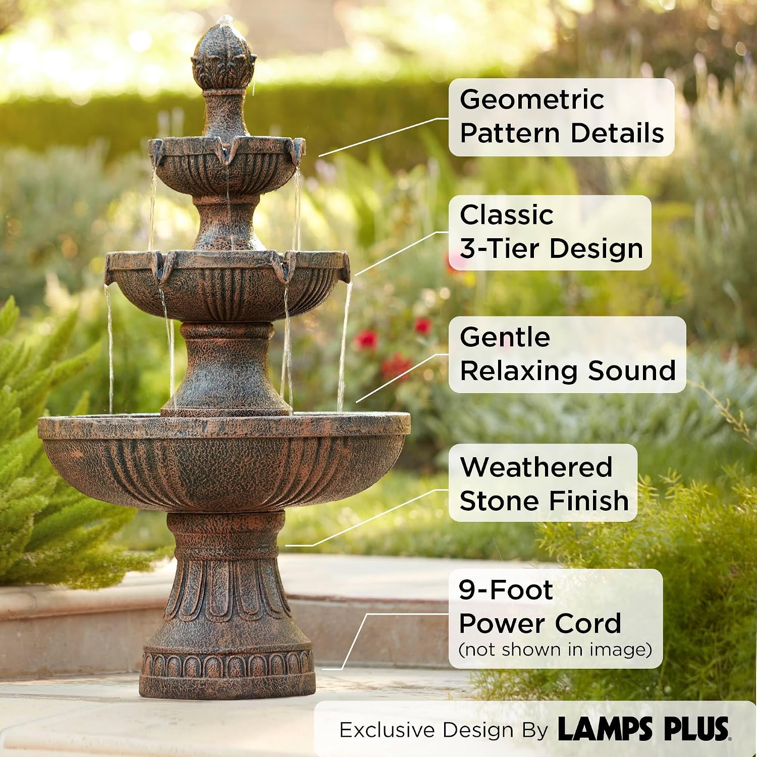 Ravenna 43' High Large Italian Indoor Outdoor Decor Faux Stone Floor Fountain Standing Waterfall 3-Tier Basin Tall Water Feature for Outside Garden Patio Yard Backyard Porch Deck - John Timberland