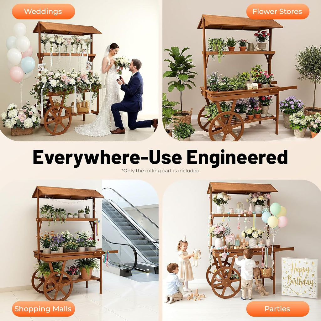 Large Country Market Wooden Rolling Table Cart, Antique Solid Wood Decor Display Rack Cart with Wheels, Rolling Table Carts for Display Various Flowers and Candy (Brown)