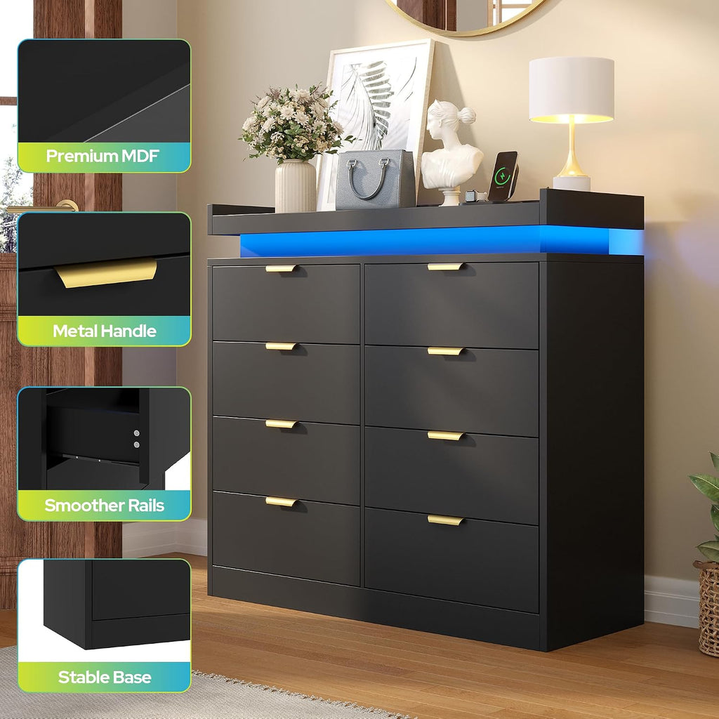 knoworld 8 Drawer Dresser for Bedroom, Black Dresser with LED Lights and Power Outlet, Large Wooden Dressers Modern Chest of Drawers, Double Wide 9 Drawer Dressers for Bedroom, Entryway, Hallway