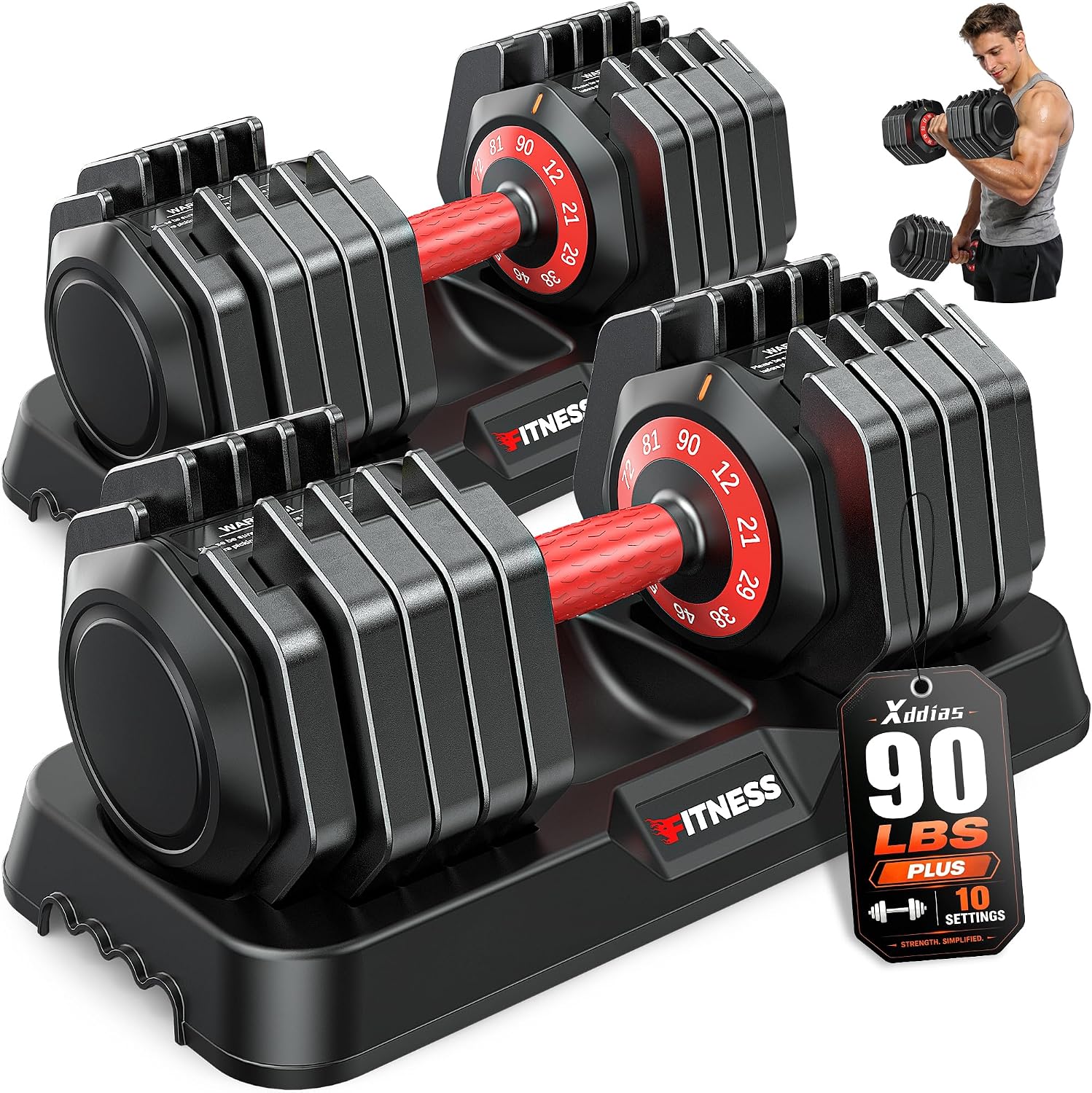 XDDIAS Adjustable Dumbbells Set of 2 for Strength Training, One-Hand Quick Adjust, 25/55/80/90 lbs Options, Anti-Slip Grip Handle, Compact Home Gym Weights for Men Women
