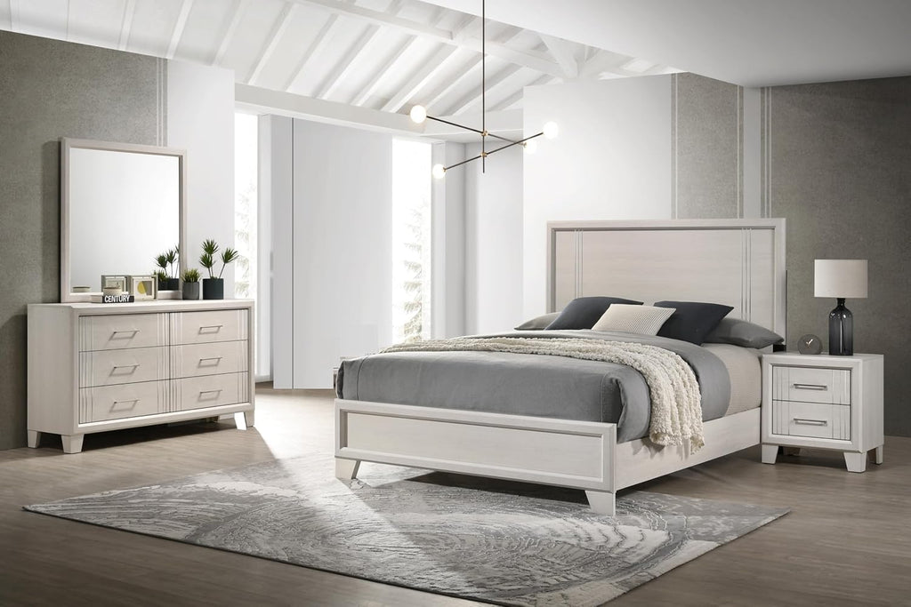 Beautiful Lustrous White Cream Finish Full Size Panel Bed Wooden 5pc Bedroom Set