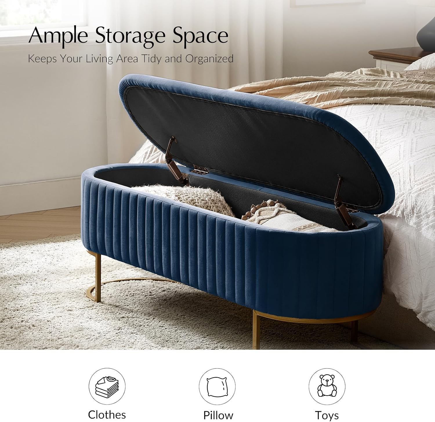 EcoHarbor Living 50.5' Velvet Bedroom Storage Bench Ottoman, Upholstered End of Bed Bench with Gold Legs, Flipping Lid Entryway Footrest Seat, Navy