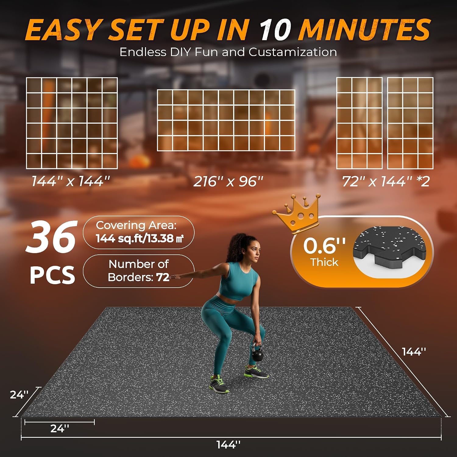 PRAISUN 0.6' Thicker Rubber Top Gym Flooring for Home Gym, 36 Pcs 144 Sq Ft Workout Mats, Exercise Mat, Interlocking Rubber Floor Mats with High Density EVA Foam for Garage, 24 x 24in, Black/Grey