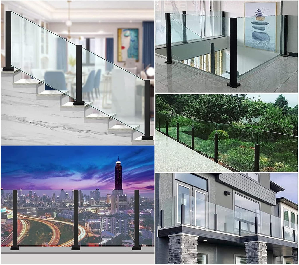 Black Glass Railing Post, 304 Stainless Steel Glass Railing with Spigot Slots & Base, Heavy-Duty Glass Clamp Bracket for Deck Balusters, Balcony, Patio, Stairs,(Corner Post,Height-75cm/29.5in)