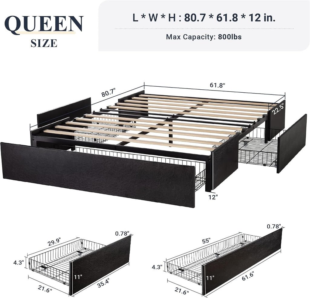 Allewie Queen Size Platform Bed Frame with 3 Storage Drawers, Faux Leather Upholstered, Wooden Slats Support, No Box Spring Needed, Easy Assembly, Black