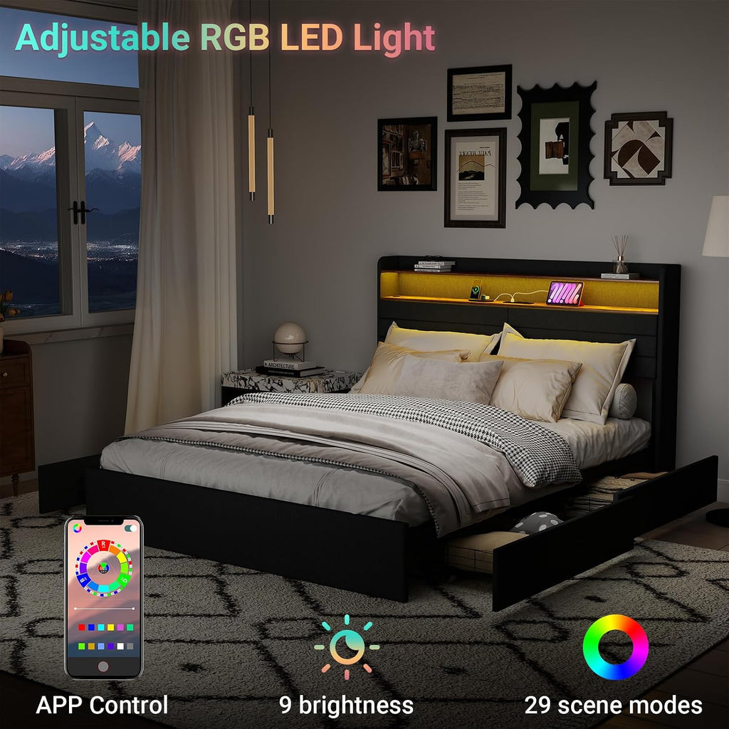 Zevemomo Queen Bed Frame with 4 Storage Drawers, Queen Size Upholstered Bed Frame with Headboard, LED, Charging Station with USB Ports & AC Outlets, Sturdy Metal Slat Support, Noiseless, Gray