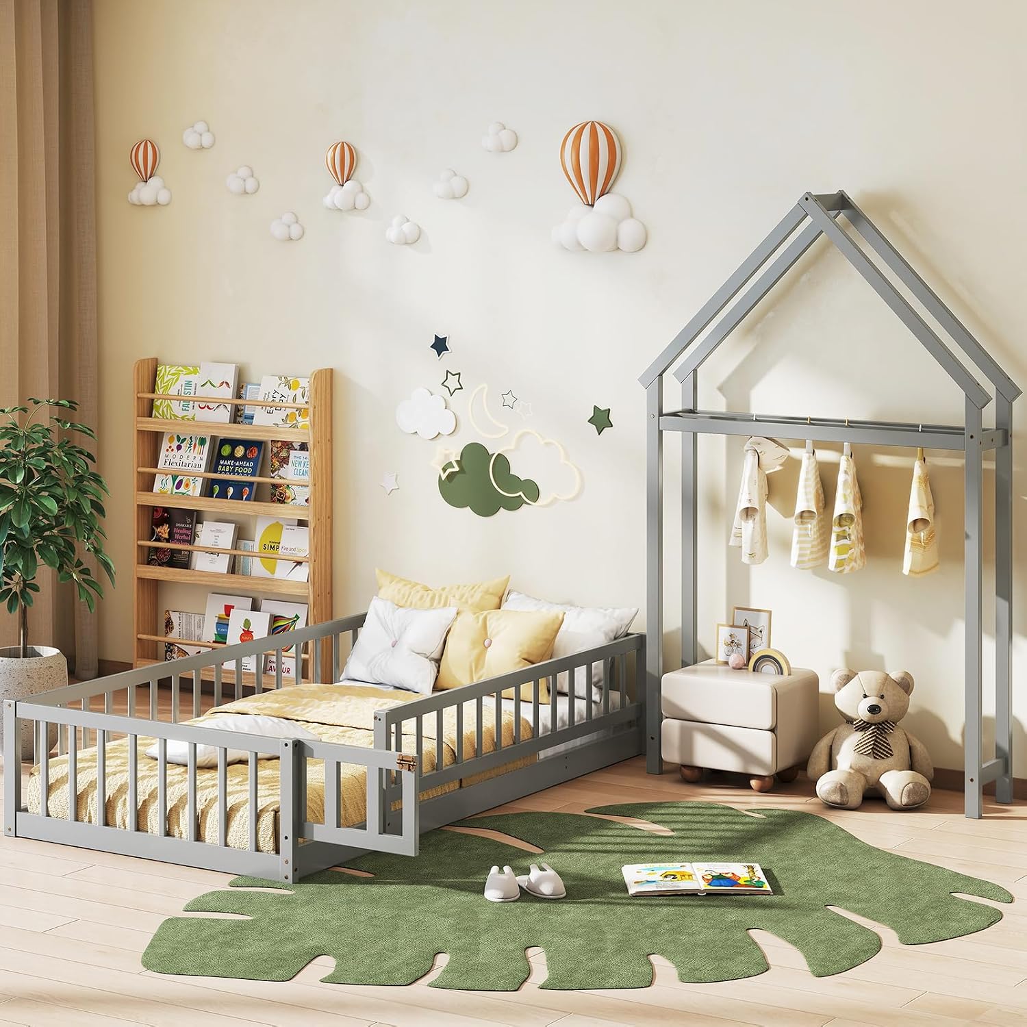 KOMFOTT Twin Size Floor Bed with House-Shaped Headboard, Kids Montessori Floor Bed with Detachable Clothes Hanger, Full Length Safety Guardrails, Door & Latch, Solid Wood Floor Bed Frame
