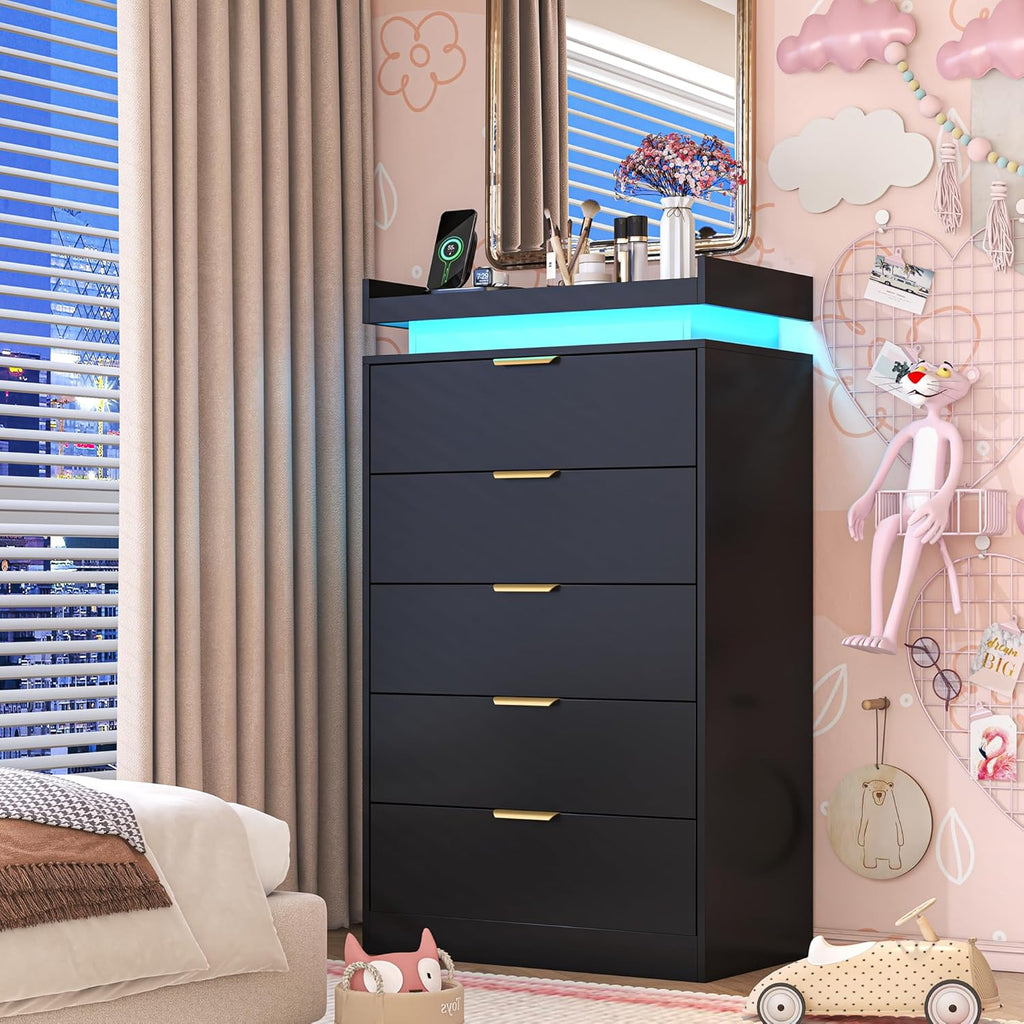 knoworld Tall Dresser for Bedroom, Black Dresser with LED Lights, Wood 5 Drawer Chest with Power Outlet, Modern Chest of Drawers for Bedroom, Living Room, Entryway, Hallway
