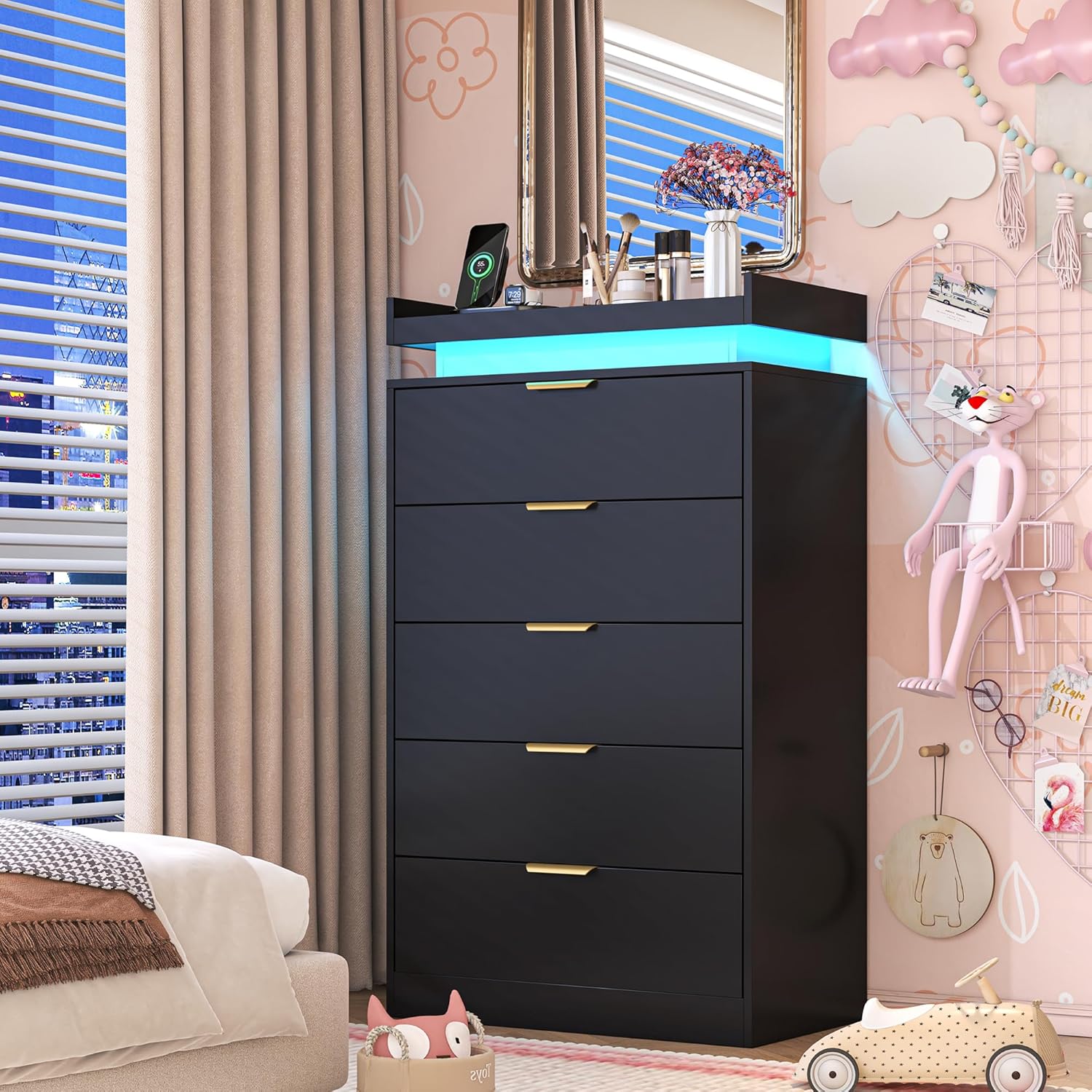 knoworld Tall Dresser for Bedroom, Black Dresser with LED Lights, Wood 5 Drawer Chest with Power Outlet, Modern Chest of Drawers for Bedroom, Living Room, Entryway, Hallway