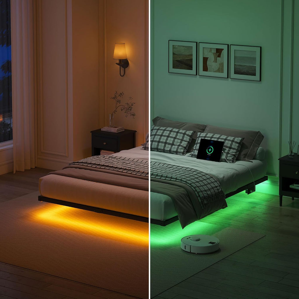 YORMDMO Floating Bed Frame King Size, Heavy Duty Bedframe with Smart LED Lights & Charging Station, Modern Metal Platform Bed, Easy Assembly No Box Spring Needed, 8 Inch