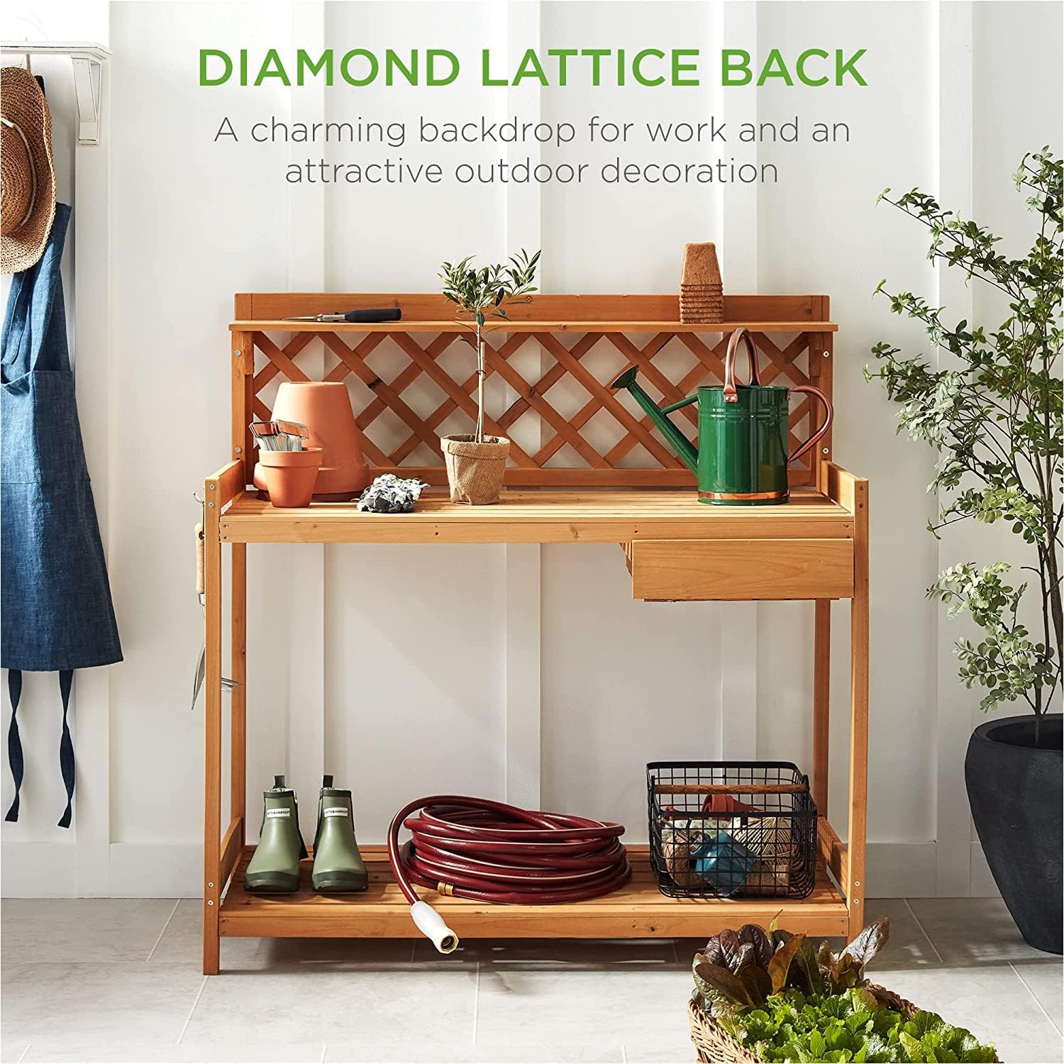 Outdoor Garden Potting Bench, Wooden Workstation Table w/Cabinet Drawer, Open Shelf, Lower Storage