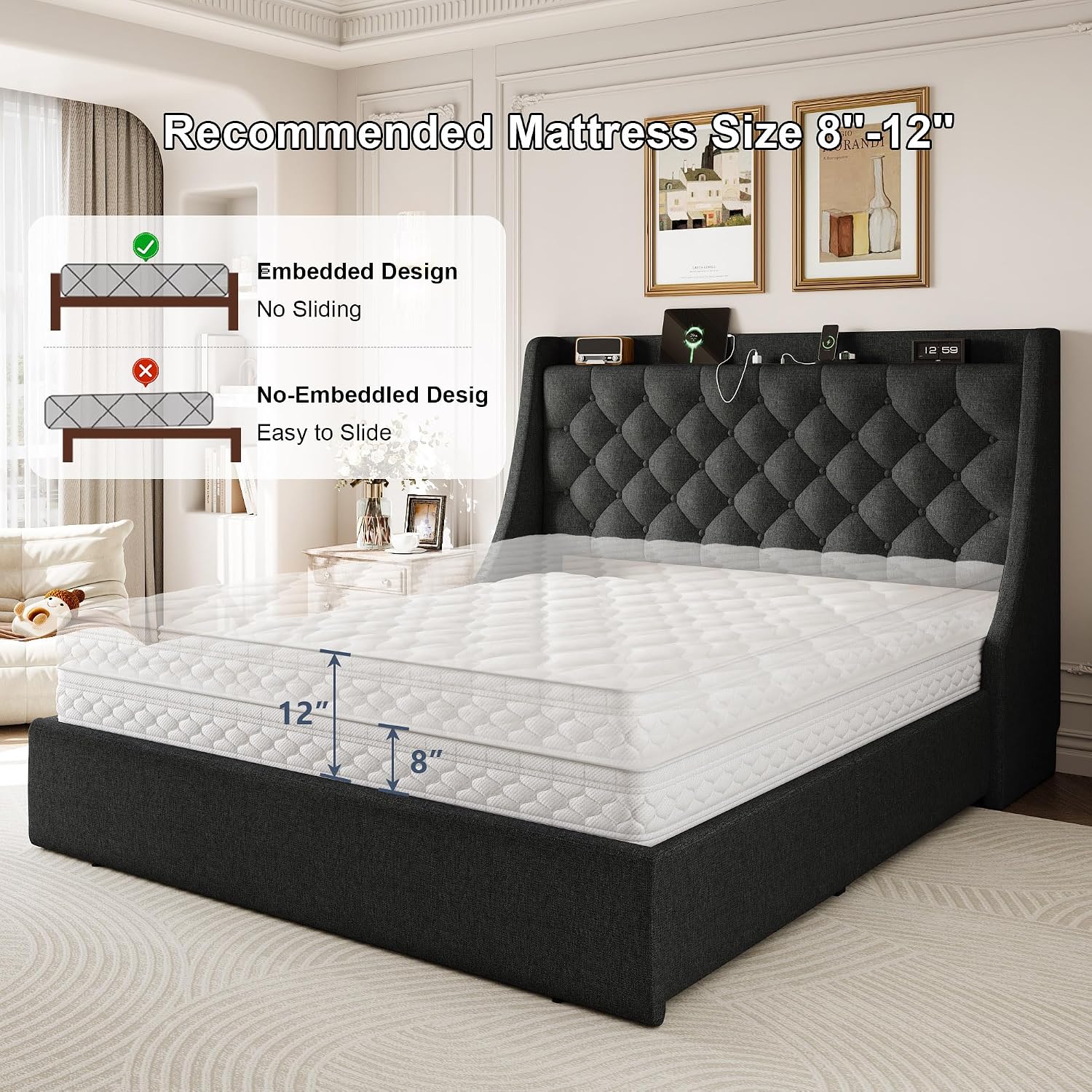 Full Size Bed Frame with 4 Storage Drawers & Charging Station, Linen Button Tufted Wingback Headboard Upholstered Platform Bed, Sturdy Wooden Support Slats, No Box Spring Needed, Dark Grey