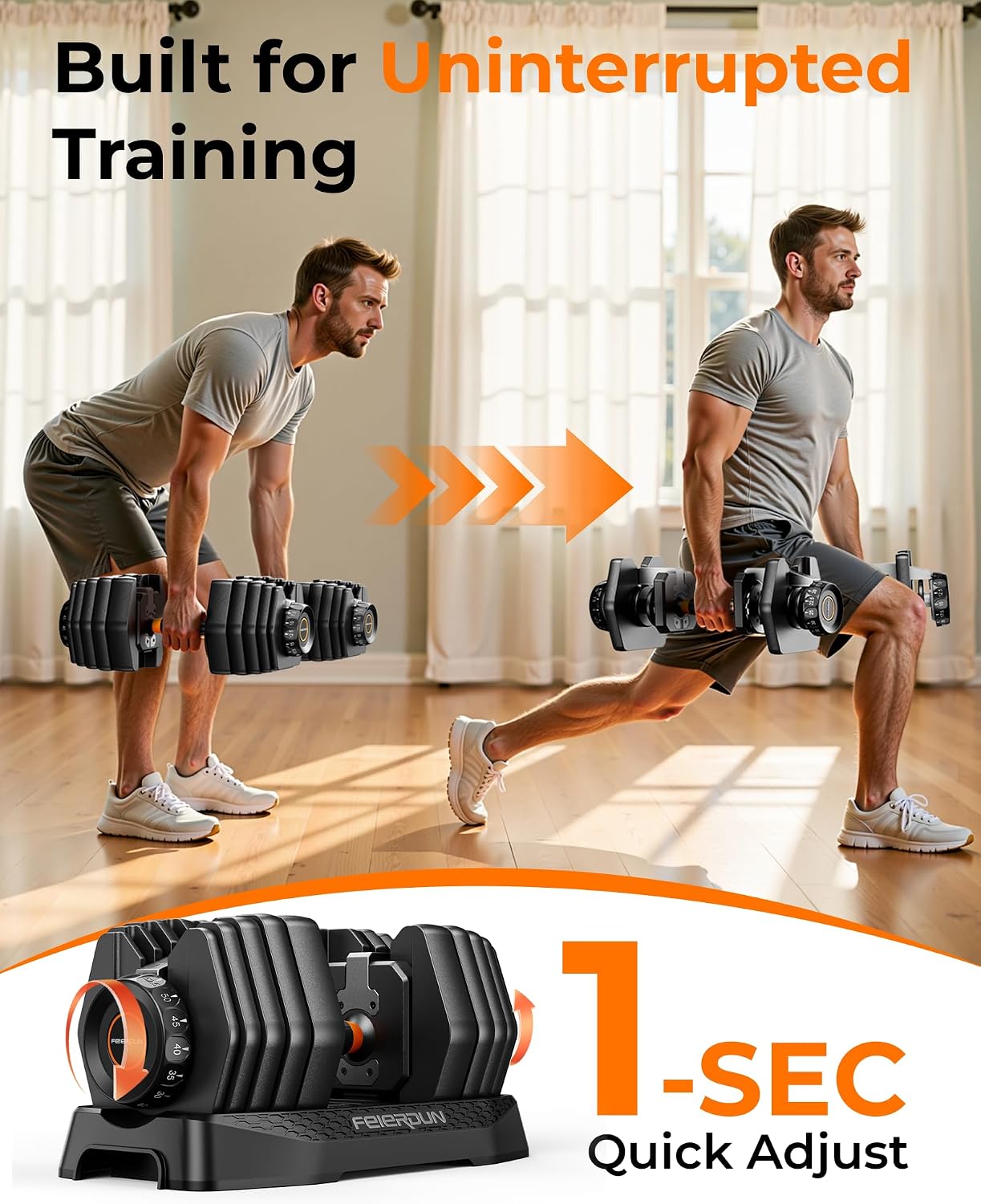 FEIERDUN DB1 QuickDial Adjustable Dumbbell Set, 15-in-1 Adjustable Weights with Storage Box & App, 105lb/52.5lb Quick Change for Drop Set, Superset & HIIT Home Gym, Non-Slip Handles, 3-year Aftersale Service