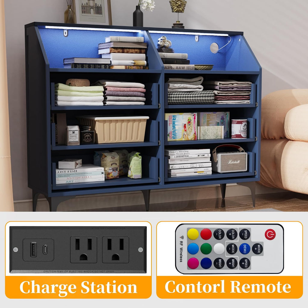 6 Drawer Dresser for Bedroom with Charging Station and LED Lights, Modern Double Dresser, Large Chest of Drawers with Open Space, LED Storage Cabinet for Living Room (Blue-Silver)