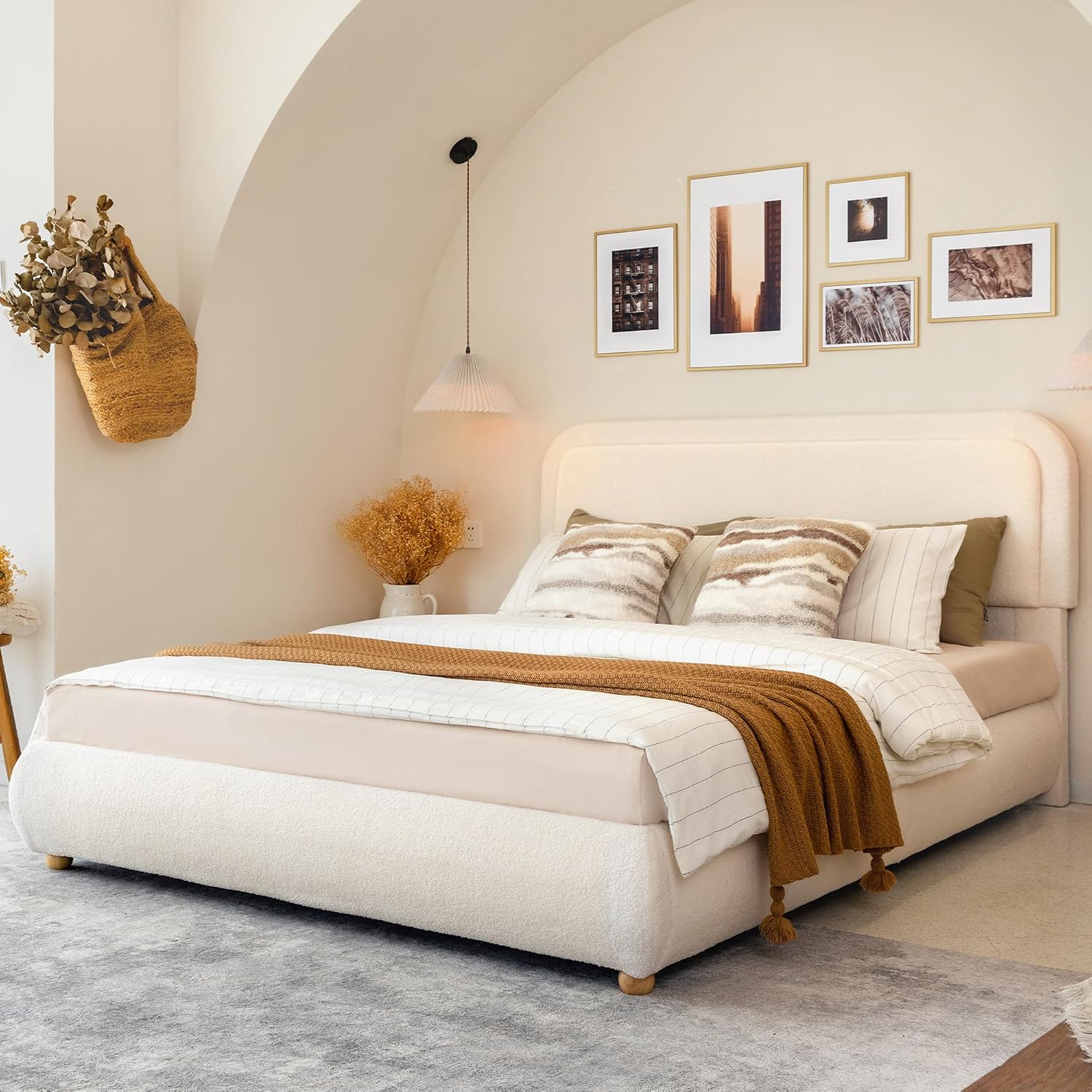Yechen Boucle Cloud Full Bed Frame with Round Corner Headboard, Upholstered Soft Trendy Bedframe with Solid Wood Legs, Boho Cute Bed with Wooden Slats, Easy Assembly, No Box Spring Required, Beige