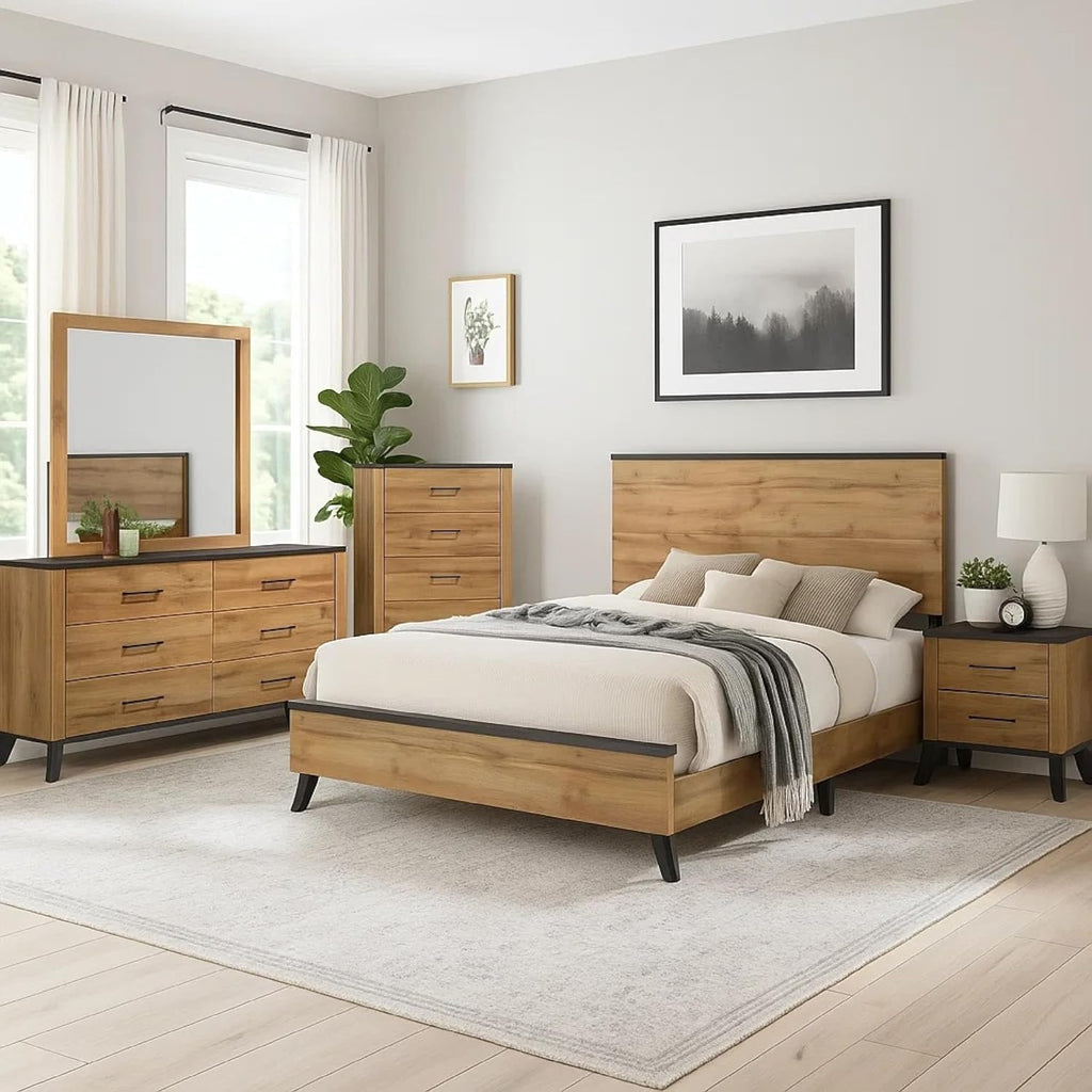 Benzara Wemy 5 Piece Full Size Bed Set, Rustic Brown Pine Wood, Tapered Legs
