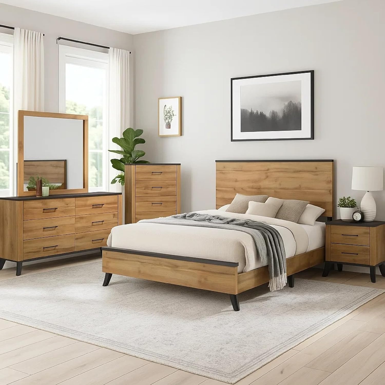 Benzara Wemy 5 Piece Full Size Bed Set, Rustic Brown Pine Wood, Tapered Legs